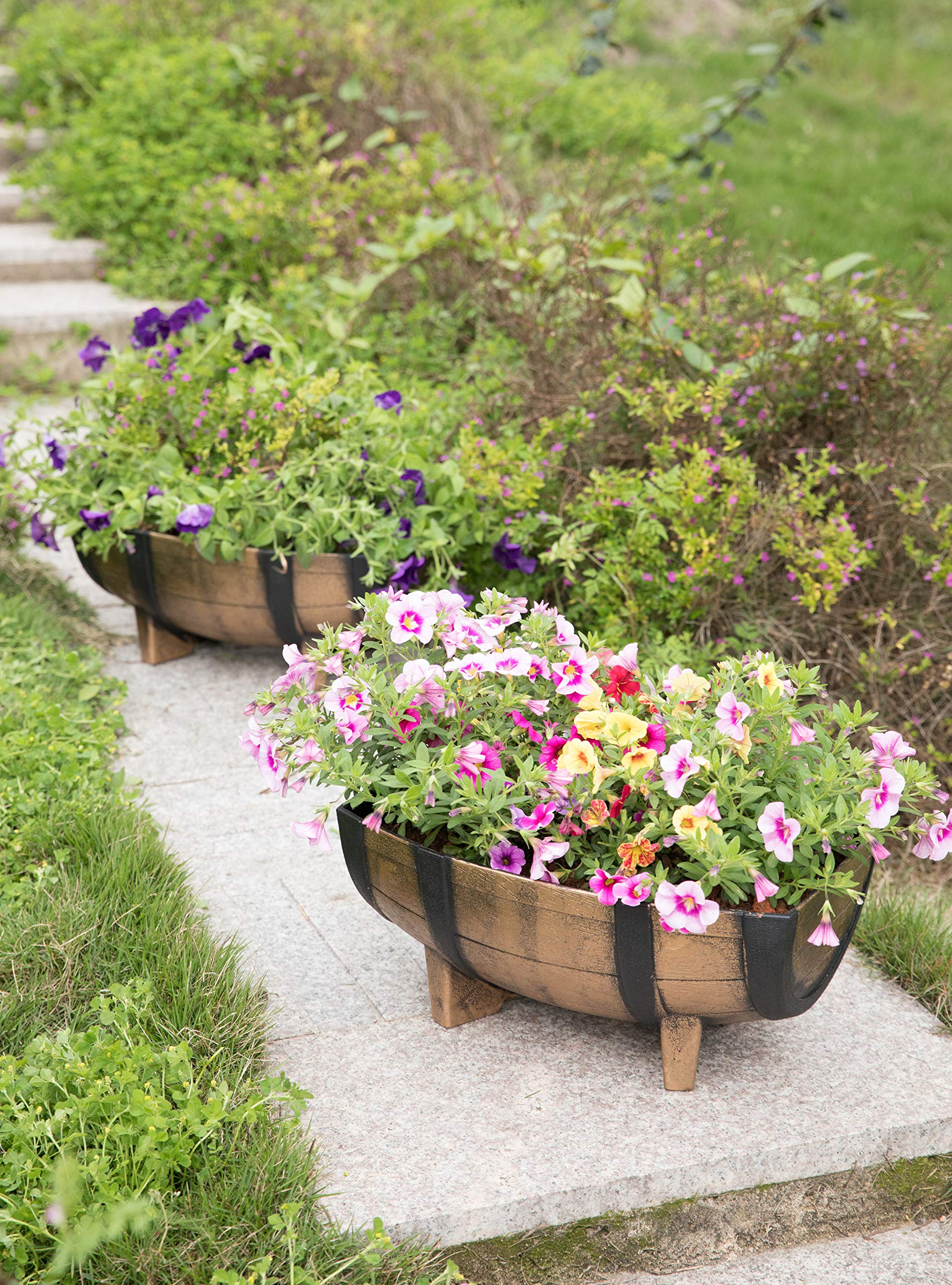 Set of 2 Rustic Wood-Look Plastic Half Barrel Planters - Outdoor Garden Flower Pots for Patio, Deck, and Backyard Decor