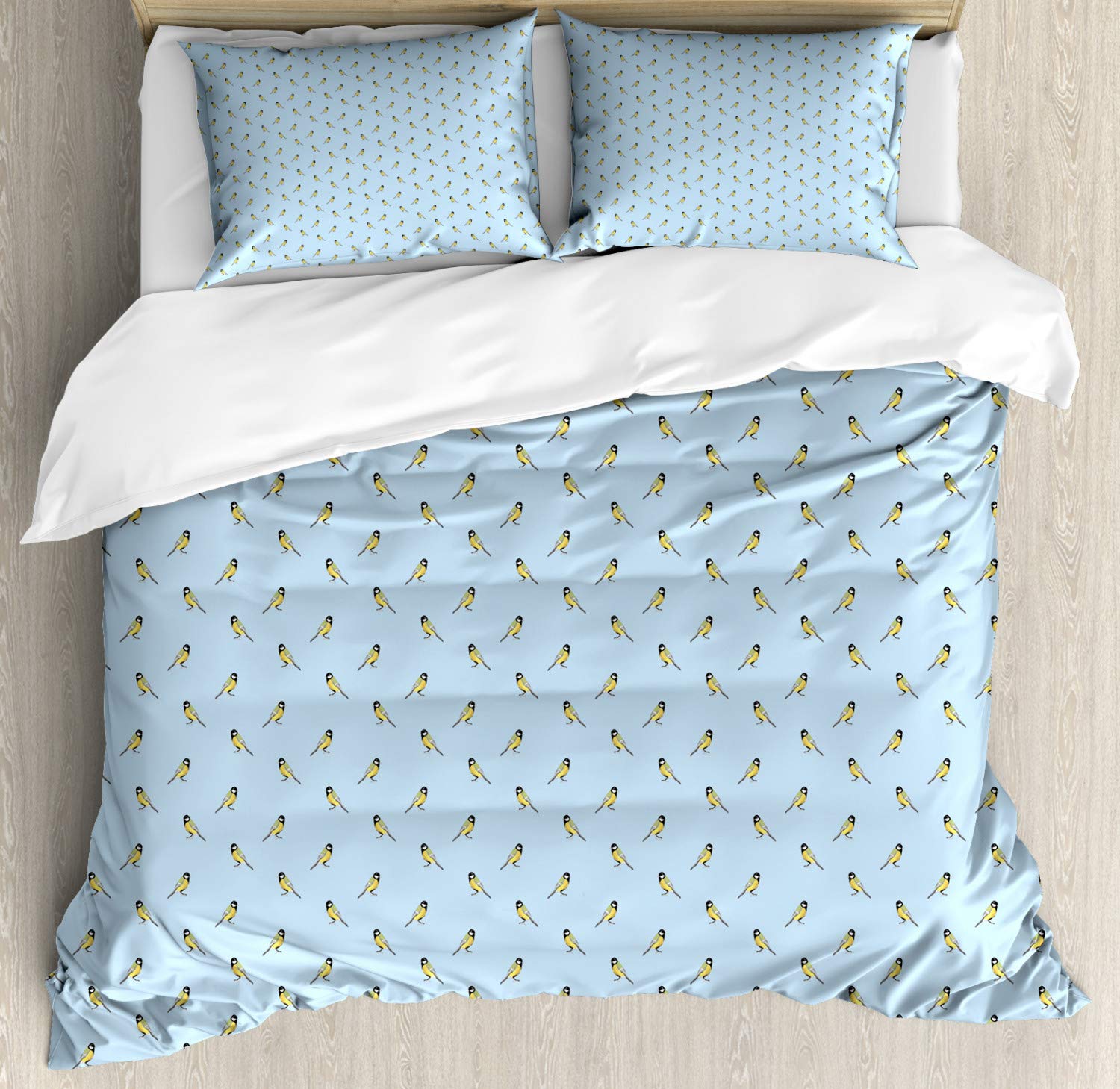 Ambesonne Yellow Bird Duvet Cover Set - Minimalist Avian Pattern 3-Piece Bedding (King Size) in Pale Blue & Yellow | Soft & Breathable for Cozy Bedroom Decor