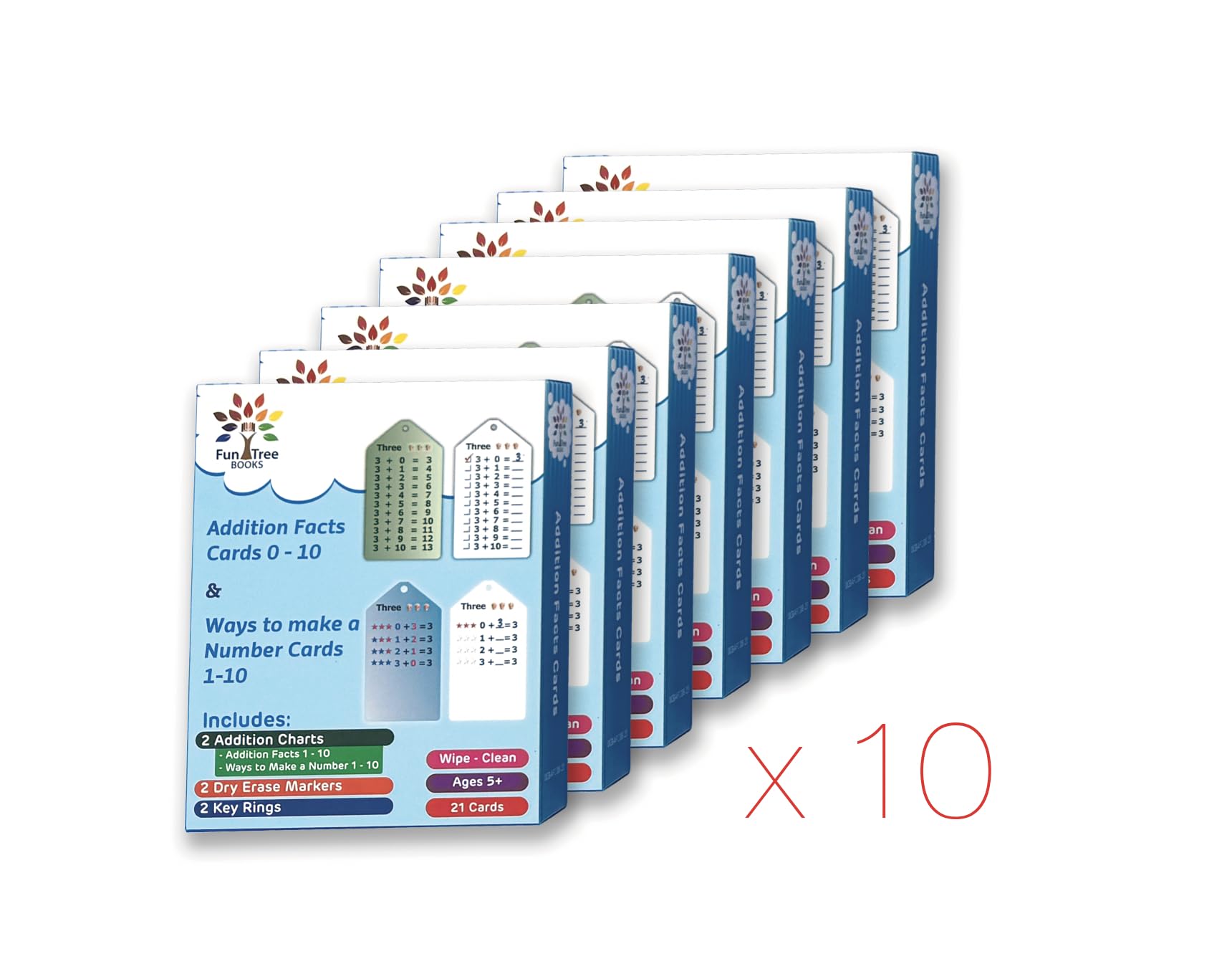 10-Pack Math Flash Cards Set with Addition Facts Charts, Dry Erase Markers & Key Rings - Learning Tools for Kids Ages 7-10, 1st to 4th Grade - Perfect for Classroom, Homeschool & Math Practice at Home