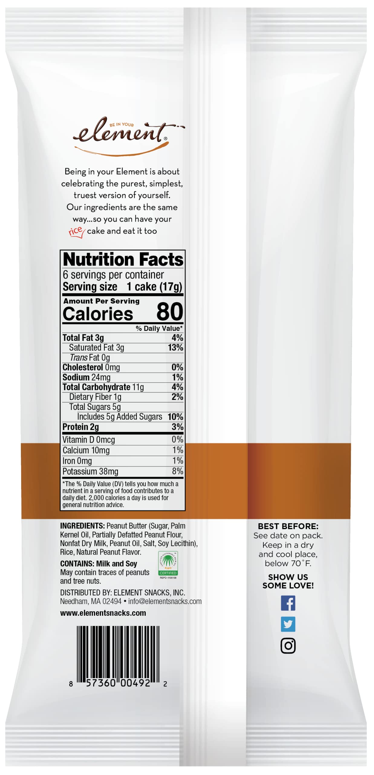 Element Snacks - Peanut Butter Rice Cakes (Pack of 8) | All-Natural, Non-GMO, Gluten-Free & Kosher Certified | Healthy Snack for Kids & Adults | Perfect for Lunch Boxes, Office Snacks & On-the-Go Energy