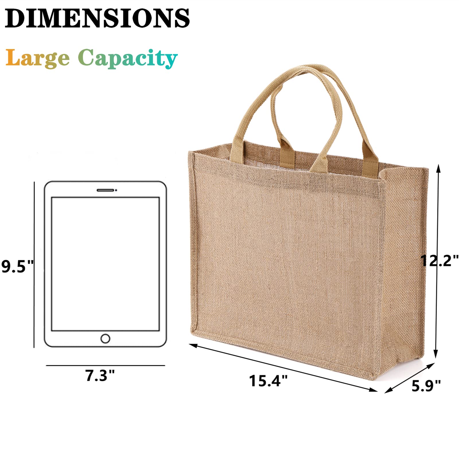 DEAYOU 6 Pack Eco-Friendly Jute Tote Bags - 15.4''x12.2''x5.9'' Natural Burlap Shopping Bags with Sturdy Handles for Groceries, DIY Crafts, Weddings & Beach Outings | Reusable Gift Bags for Sustainable Lifestyle