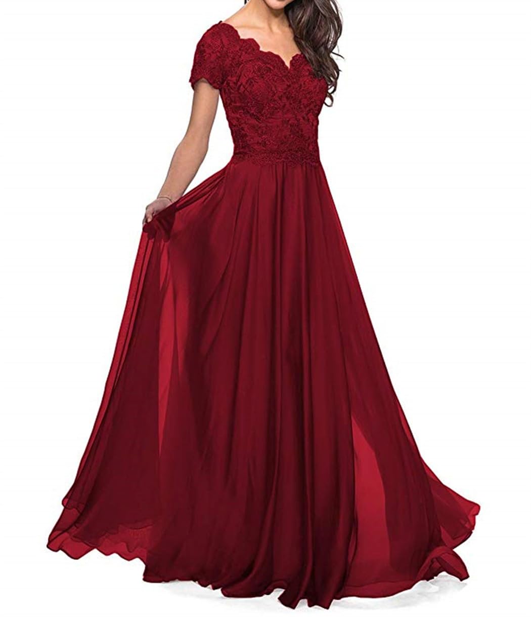 Elegant Lace Appliques Mother of The Bride Dresses - Long Chiffon A-Line Short Sleeves Wedding Party Gowns for Women | Perfect for Formal Weddings, Evening Galas & Special Occasions