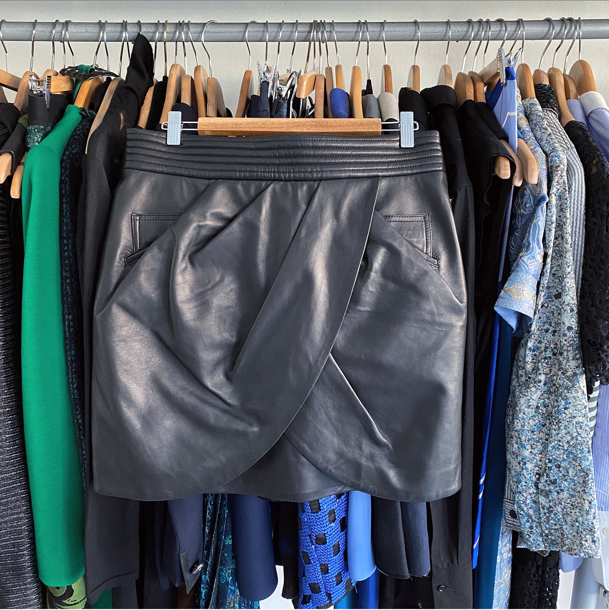 Balmain Black Leather Wrap Mini Skirt for Women - High Waist Short Skirt for Night Out, Party & Date Night - Fashionable & Sexy Leather Skirt