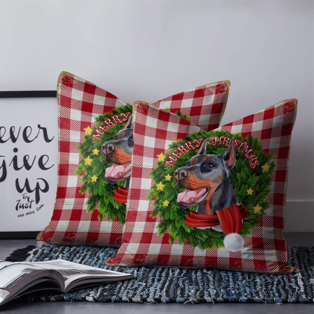 Muswanna Christmas Doberman Red Plaid Vintage Throw Pillow Covers - 18x18 Inch Soft Brushed Fabric Square Decorative Cushion Covers for Sofa, Couch, Bed & Home Decor (Wood Grain Design) - Perfect for Holiday Decor, Living Room Accents & Cozy Winter Styling