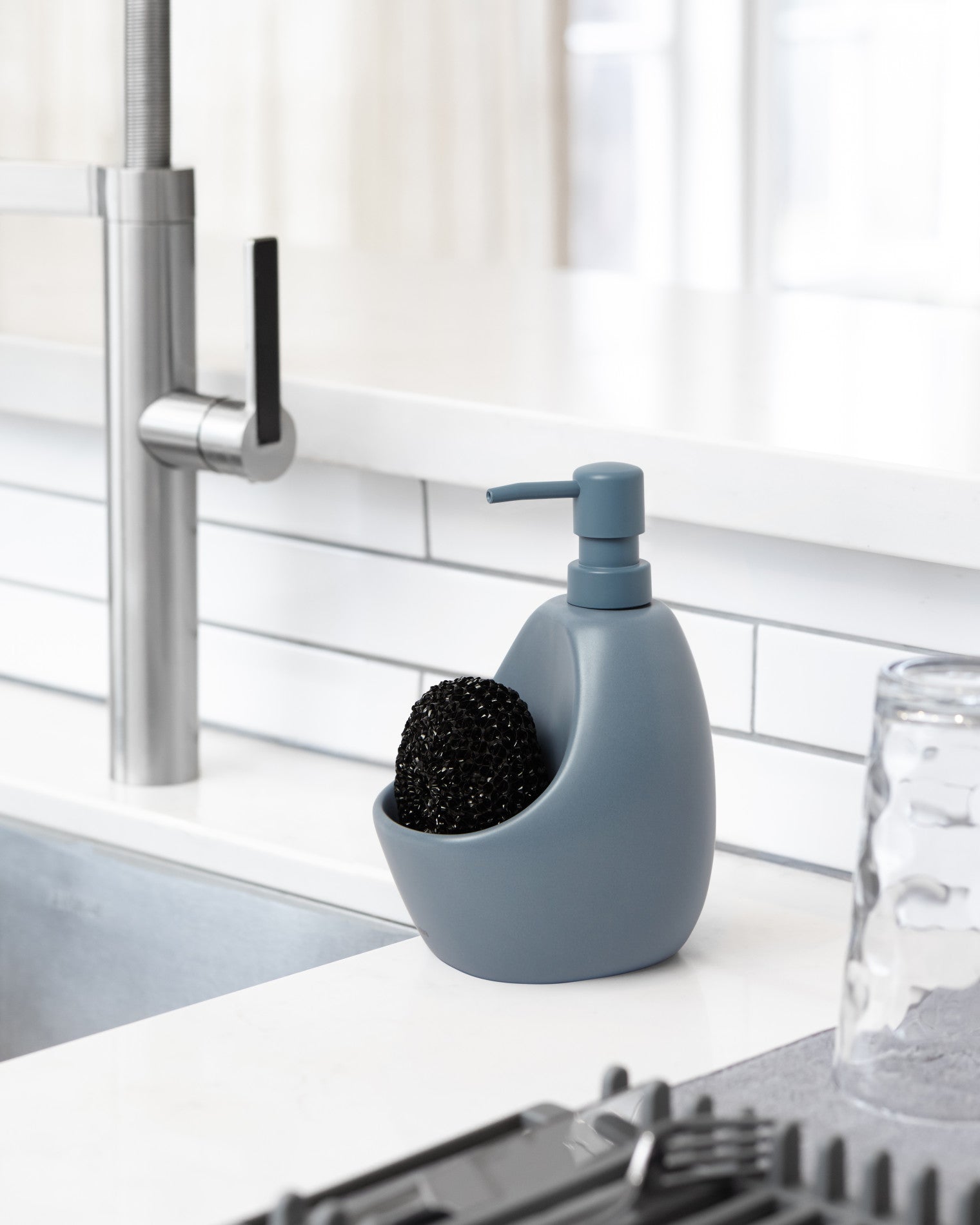 Joey Soap Pump & Scrubby - Hands-Free Foaming Soap Dispenser with Built-in Scrub Brush for Kitchen, Bathroom, and Sink Cleaning (BPA-Free) - Perfect for Dishes, Countertops, and Household Chores