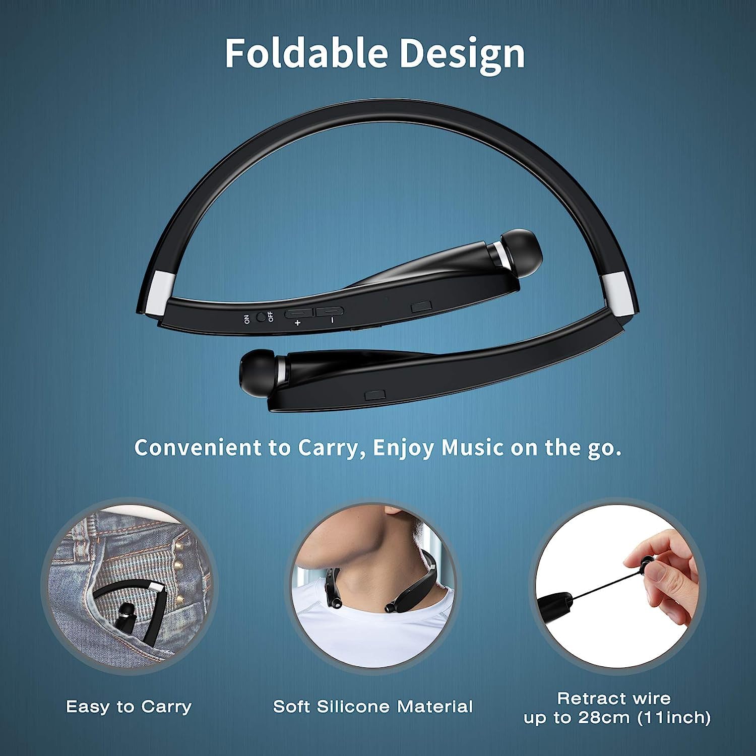 AMORNO Foldable Bluetooth Headphones Wireless Neckband Headset with Retractable Earbuds - Sweatproof Noise Cancelling Stereo Earphones with Mic for Running, Workout & Travel | Comfortable for Gym, Commuting & Outdoor Activities