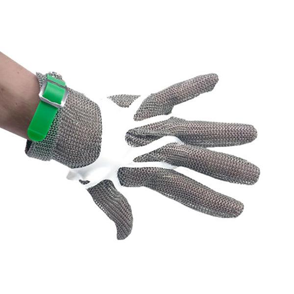 5-Finger Stainless Steel Mesh Cut Resistant Gloves with Green Silicone Strap - XL Size for Kitchen, Butcher & Meat Processing Safety Protection
