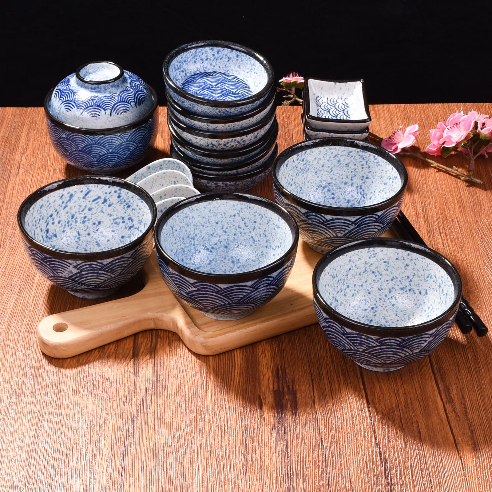 Japanese Rice Bowl Set of 4 - 10.2oz Asian Ceramic Sushi Bowls in Blue - Perfect for Rice, Snacks, Desserts & Sauces - Ideal for Sushi, Ramen, Poke Bowls and Home Dining