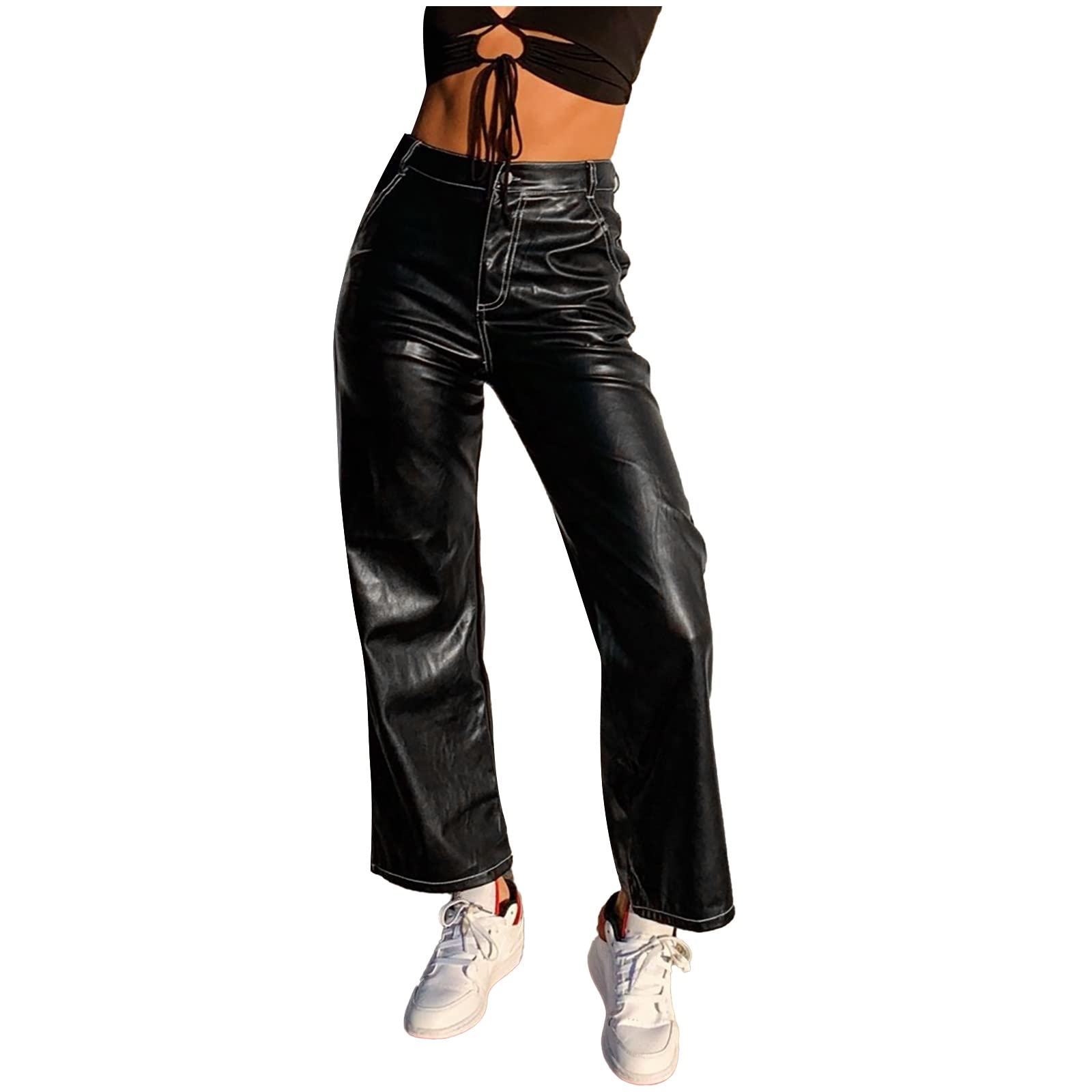 Women's High Waist Faux Leather Pants - Straight Leg Baggy PU Trousers | Y2K Vintage Streetwear for Casual & Night Out | Perfect for Club, Party, Work, Date Night, Concerts & Fashion Events | Fall/Winter Office Chic & Urban Street Style | Day-to-Night Outfits with Sweaters & Crop Tops | Great for Brunch, Shopping, Travel & Instagram Looks | Ideal for Layering in Cold Weather & Stylish Occasions | Versatile for Everyday Wear, Date Nights & Social Events