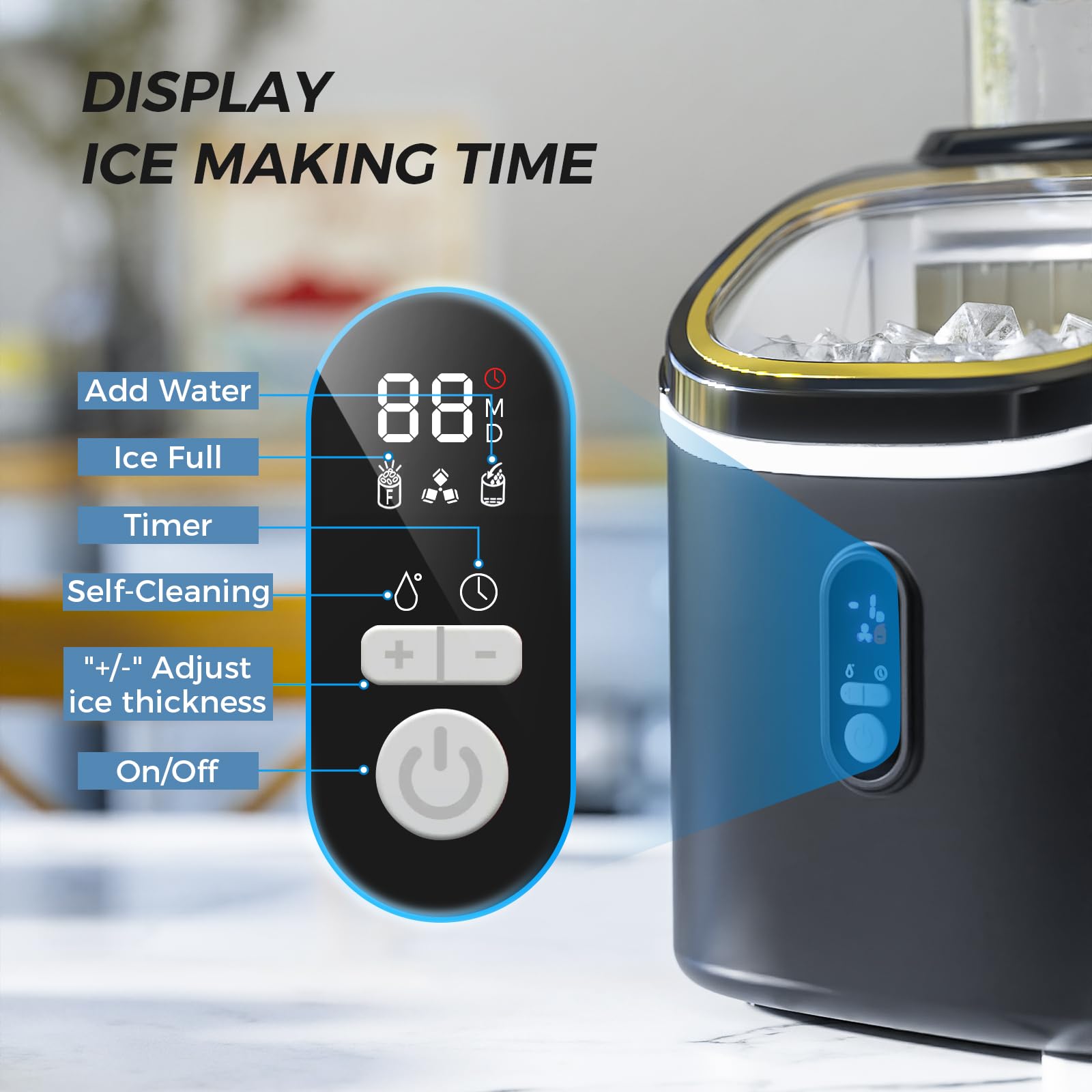 Kismile Countertop Ice Maker Machine - Portable 33Lbs/Day Ice Cube Maker with 1.5L Detachable Water Tank, Self-Cleaning Function, 16Pcs/5-18Mins Fast Ice Production, 24H Timer - Perfect for Home, Office, RV, Parties & Outdoor Activities