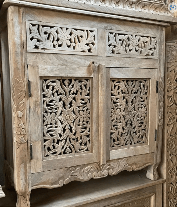 Hand Carved Solid Wood Entryway Cabinet with 2 Doors & 2 Drawers - Natural Wooden Storage for Hallway, Foyer & Living Room Organization