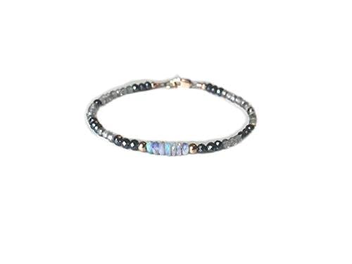 14k Rose Gold Opal Bracelet with Black Spinel | Australian Opal Fine Jewelry | October Birthstone Gift for Her (3-5mm) | Perfect for Weddings, Anniversaries & Special Occasions