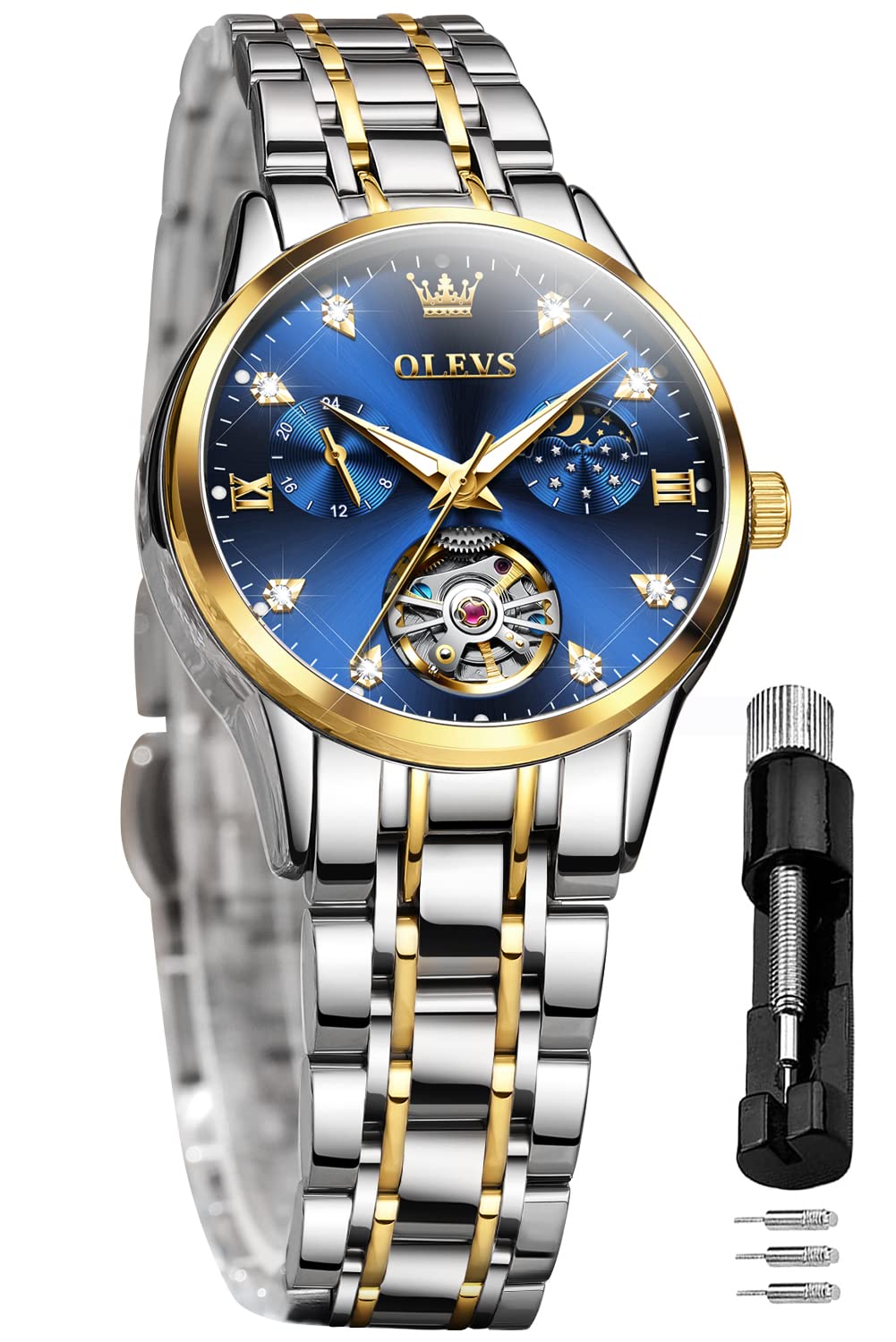 OLEVS Women's Luxury Automatic Diamond Self-Winding Dress Watch with Moon Phase & Luminous Blue Dial - Stainless Steel Waterproof Wristwatch for Business, Party & Formal Occasions