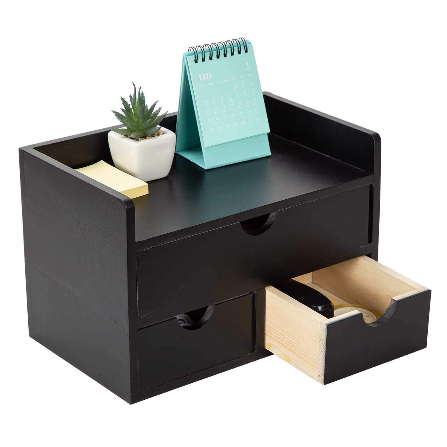 Black Bamboo Desk Organizer with 3 Drawers & Shelf - Wooden Storage Cabinet for Home Office, Workspace & Bathroom - Perfect for Organizing Toiletries, Makeup, Stationery & Vanity Supplies (Ideal for Desk, Countertop & Vanity Organization)