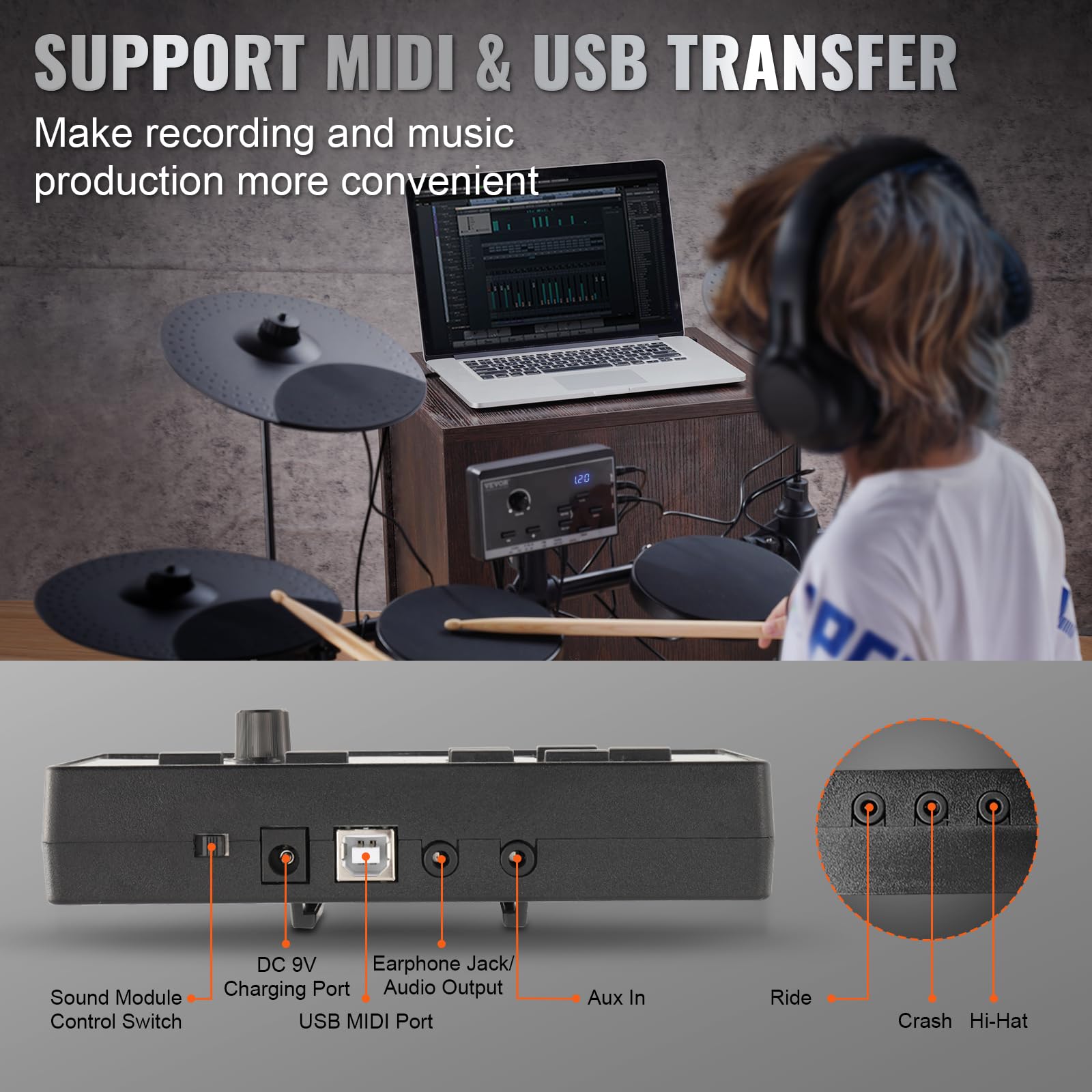 VEVOR Electric Drum Set - 15 Drum Kits & 150 Sounds Electronic Drum Kit with USB MIDI Support, 6.5