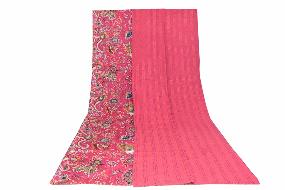 Sophia-Art Handmade Multicolor Mukut Print Kantha Quilt - Twin/Queen/King Size Bohemian Bedspread & Bed Cover | Perfect for Bohemian Bedroom Decor, Guest Room Accent, and Cozy Home Textiles