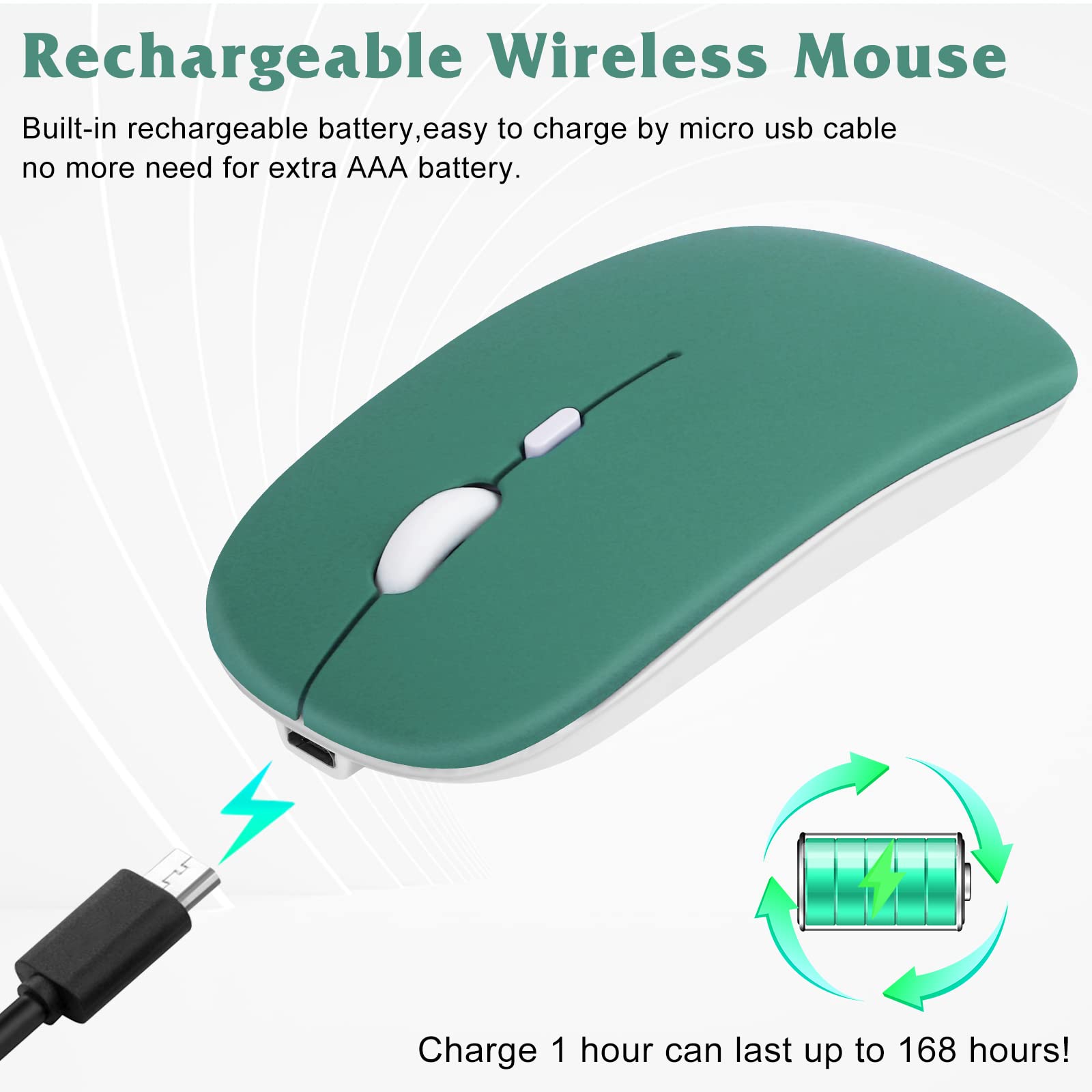 UrbanX Bluetooth Rechargeable Wireless Mouse for Dell G5 15 5510 Gaming Laptop, PC, Mac, iPad Pro, Android - Jade Green | Perfect for Gaming, Office, and Travel