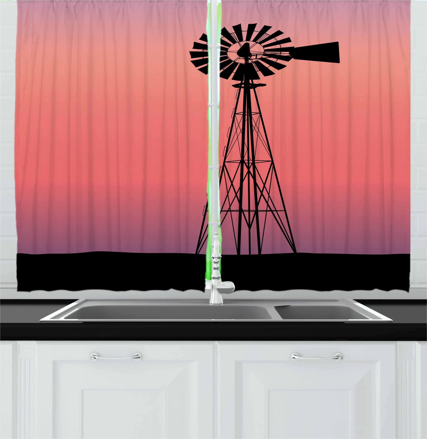 Ambesonne Windmill Long Kitchen Curtains - Western Ranch Agriculture Theme with Dreamlike Sunset Silhouette, 2 Panel Rod Pocket Drapes, 55x45 Inches, Coral Lilac & Black - Perfect for Farmhouse, Country Kitchen, and Rustic Home Decor