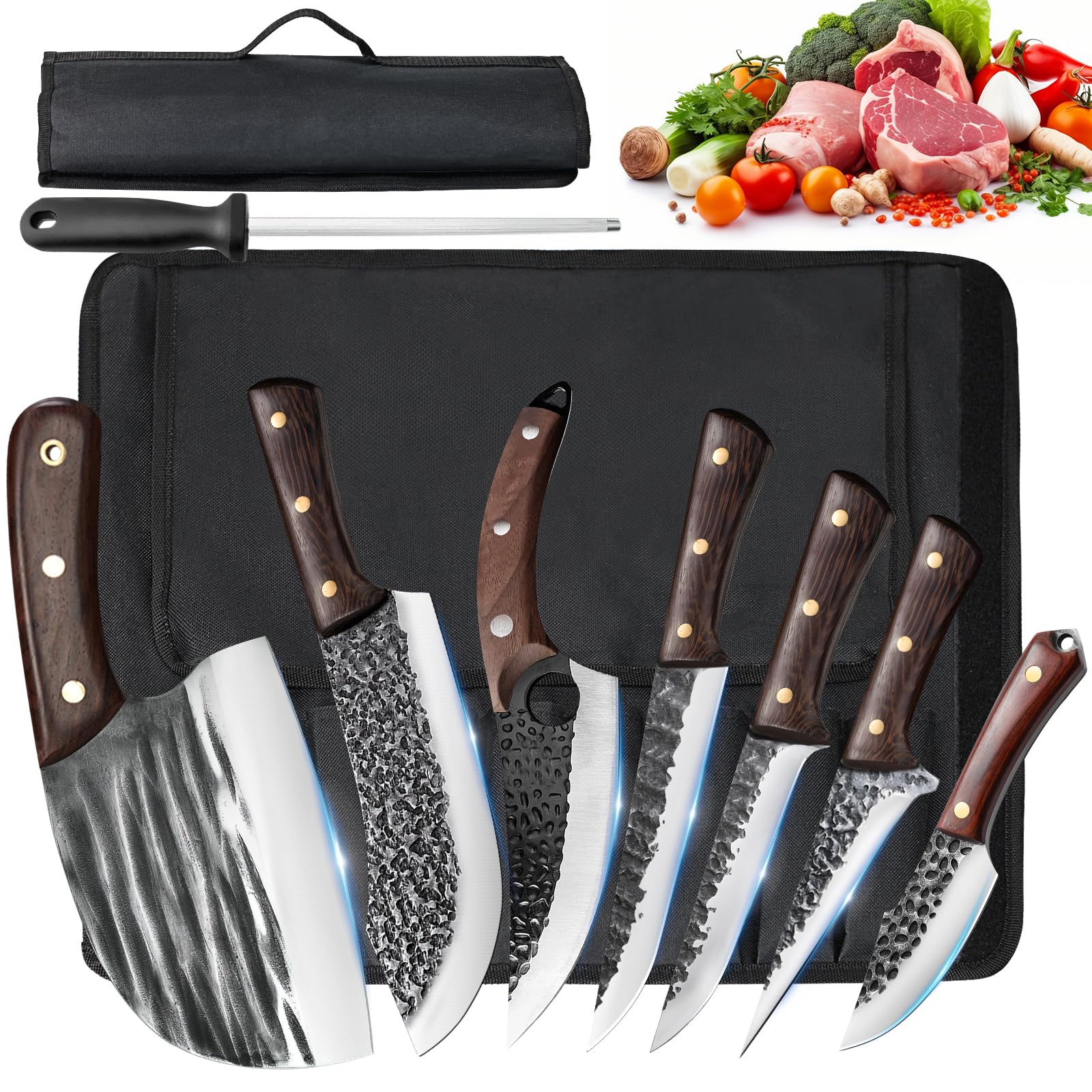 Premium 8-Piece Butcher Knife Set with Roll Bag - Professional Chef Knives for Meat Cutting, Viking Cleavers with Ergonomic Handles - Hand Forged Stainless Steel Kitchen Knife Set for Home Cooking, BBQ, Camping & Outdoor Adventures