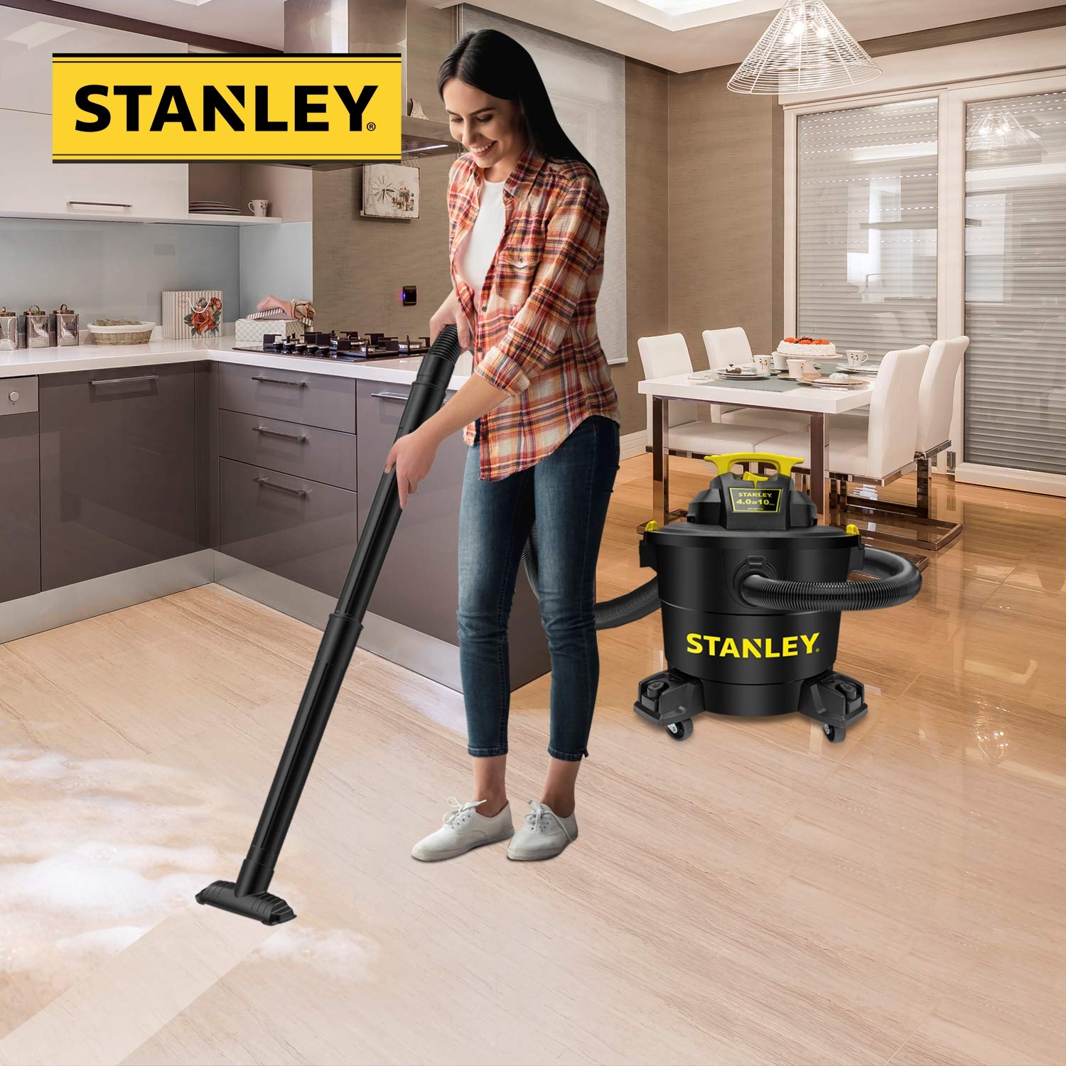 Stanley 10 Gallon 4HP Wet/Dry Shop Vacuum SL18191P - Powerful 16ft Reach Vacuum Cleaner with Attachments for Home, Garage & Laundry Room - Large Capacity High Suction Vac for Cleaning Floors, Carpets, Workshops & Auto Detailing
