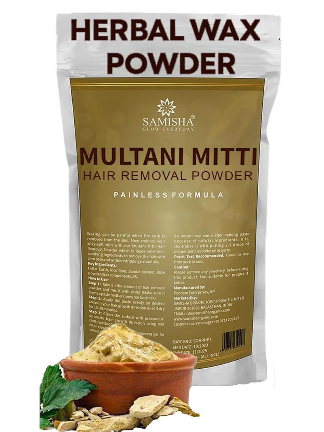 Samisha Herbal Wax Powder for Hair Removal - Natural Multani Mitti Waxing Powder for Women & Men | All Skin Types | Bikini, Face & Body Hair Removal | Painless & Gentle at Home Waxing Solution | Perfect for Smooth Skin Care Routine