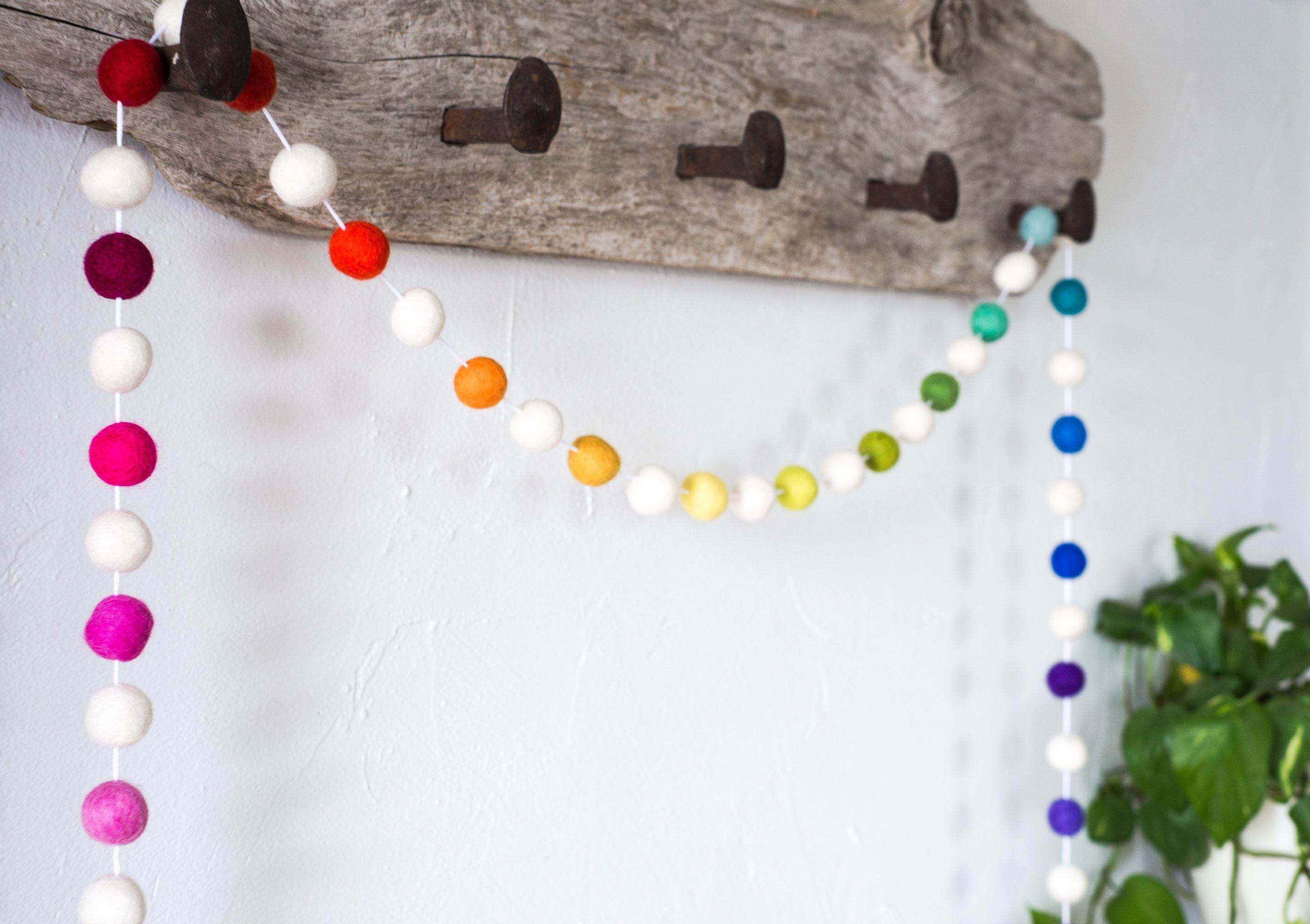 Vibrant Rainbow Ombre Felt Ball Garland - Colorful Nursery Decor, Boho Baby Shower Backdrop, Kids Room Wall Hanging for Birthday Parties & Home Decoration
