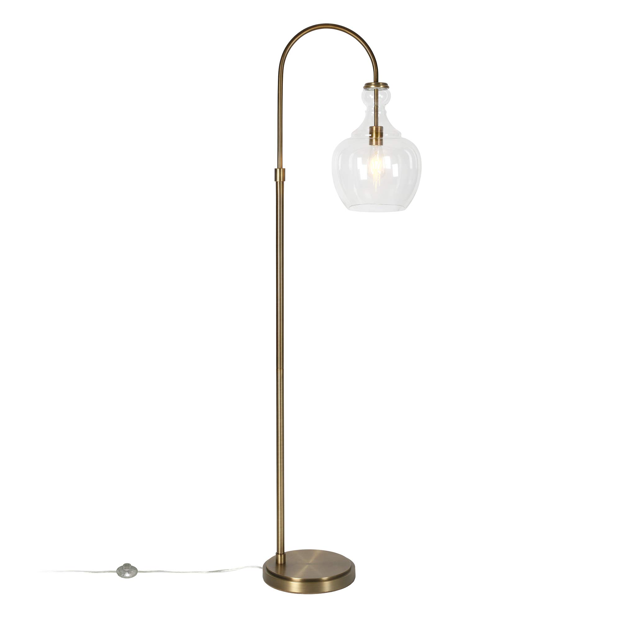 Henn&Hart Arc Floor Lamp with Glass Shade in Brass/Clear - Modern Adjustable Standing Light for Home Office, Bedroom & Living Room - Perfect for Reading, Working & Ambient Lighting