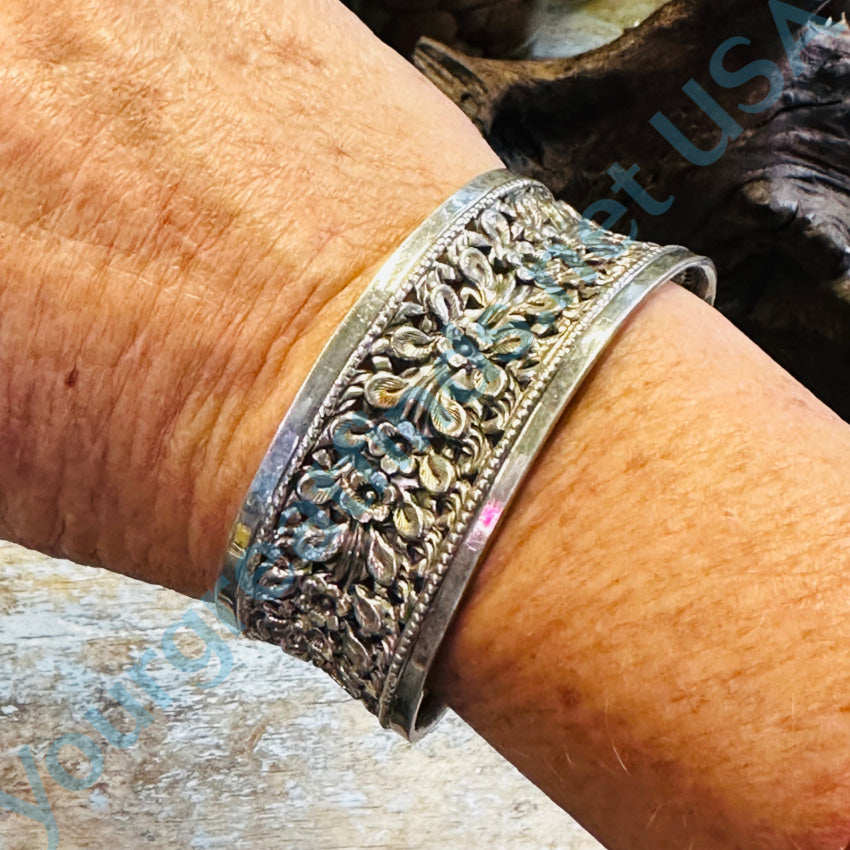 Sterling Silver Wide Floral Cuff Bracelet for Women - Elegant Handmade Boho Jewelry - Perfect for Weddings, Parties & Everyday Wear