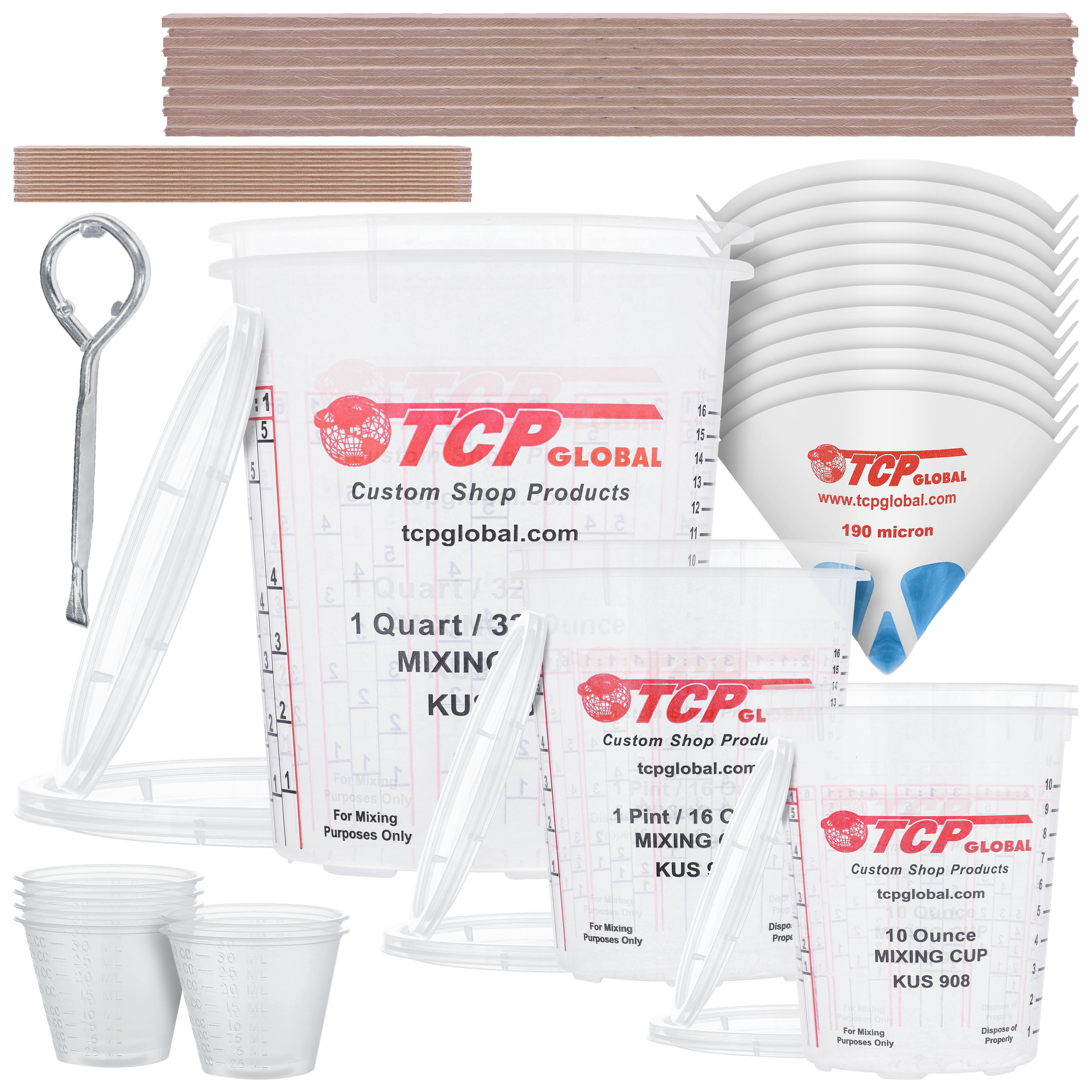 Epoxy Resin Paint Mixing Cups Kit - 10 Pack Disposable Plastic Measuring Cups with Lids, Paint Sticks, Mini Mixing Paddles, Auto Paint Strainers & Can Opener - Essential Supplies for DIY Crafts, Auto Painting & Home Improvement Projects