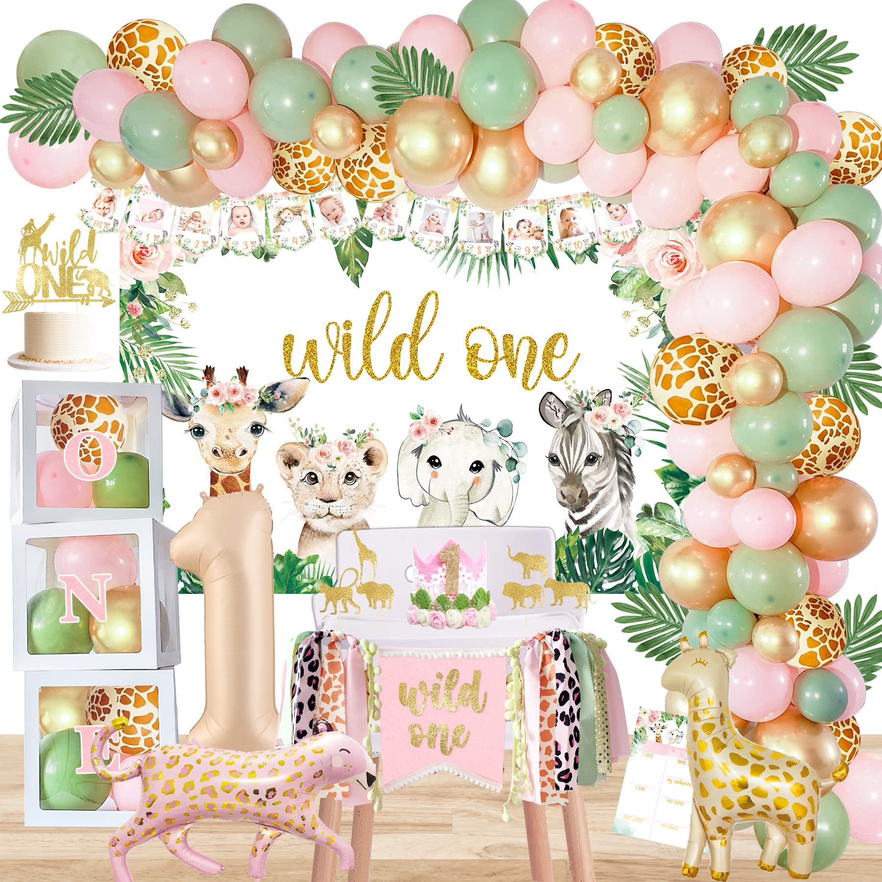 Wild One 1st Birthday Party Decorations for Girls - Jungle Safari Animal Theme Birthday Supplies - Perfect for Baby Girl's First Birthday Celebration & Photo Backdrop