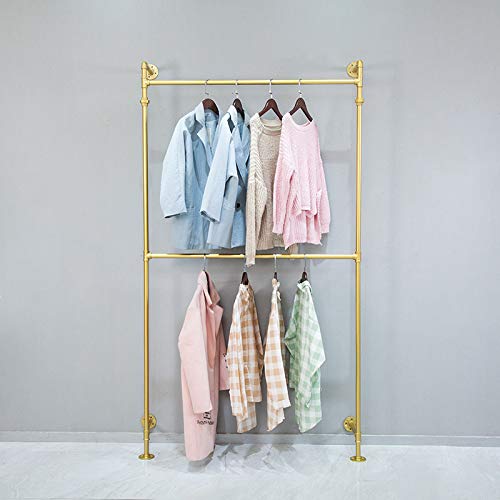 Industrial Pipe Clothes Rack - Heavy Duty Wall Mounted Black Iron Garment Hanging Rod for Closet, Wardrobe & Laundry Room Storage - Multi-Purpose Rustic Pipe Shelf for Coats, Jackets & Drying Clothes (Gold Finish) - Perfect for Home, Apartment & Commercial Use
