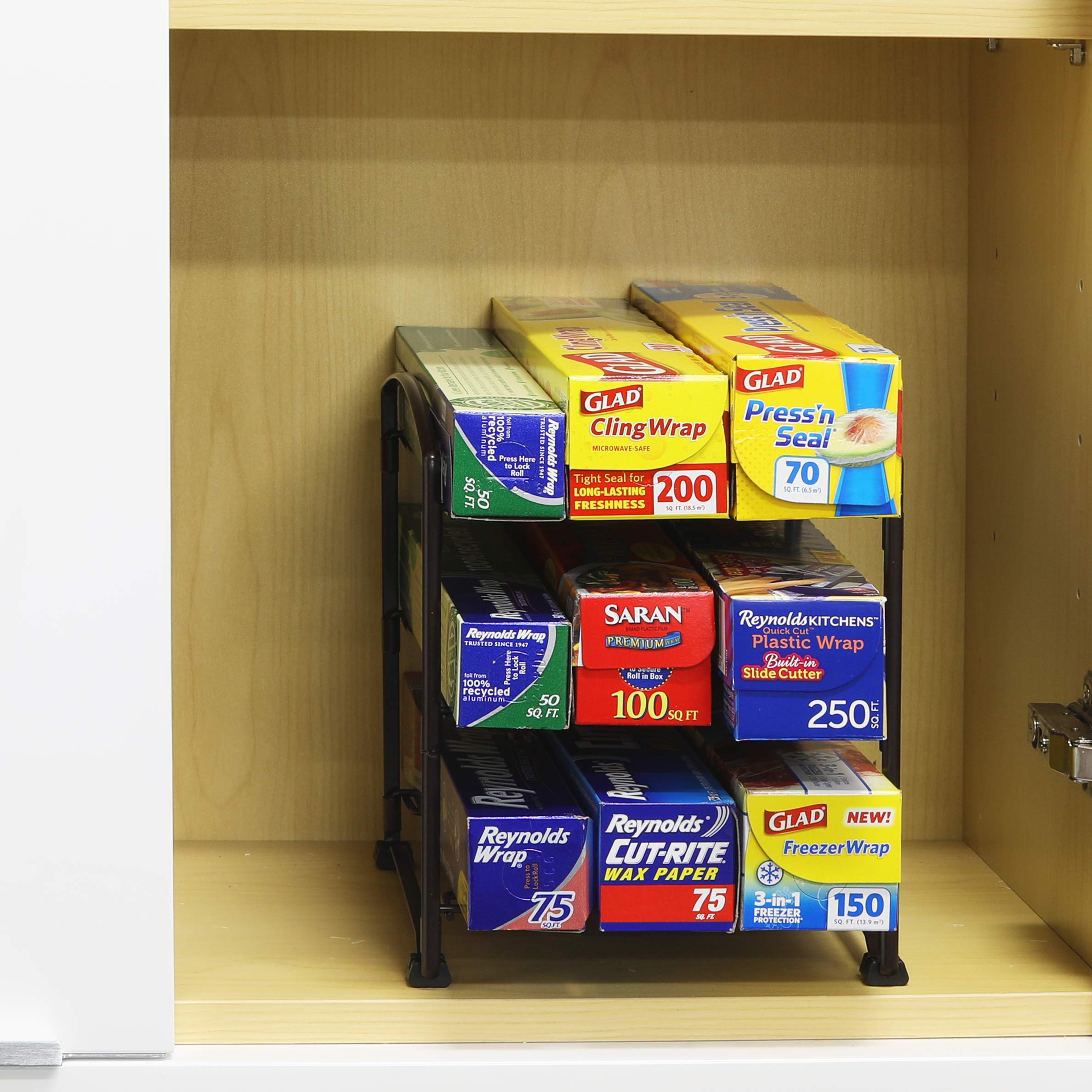 Bronze Kitchen Wrap Organizer Rack - Space Saving Foil, Plastic Wrap & Parchment Paper Holder for Pantry, Cabinet or Countertop Storage
