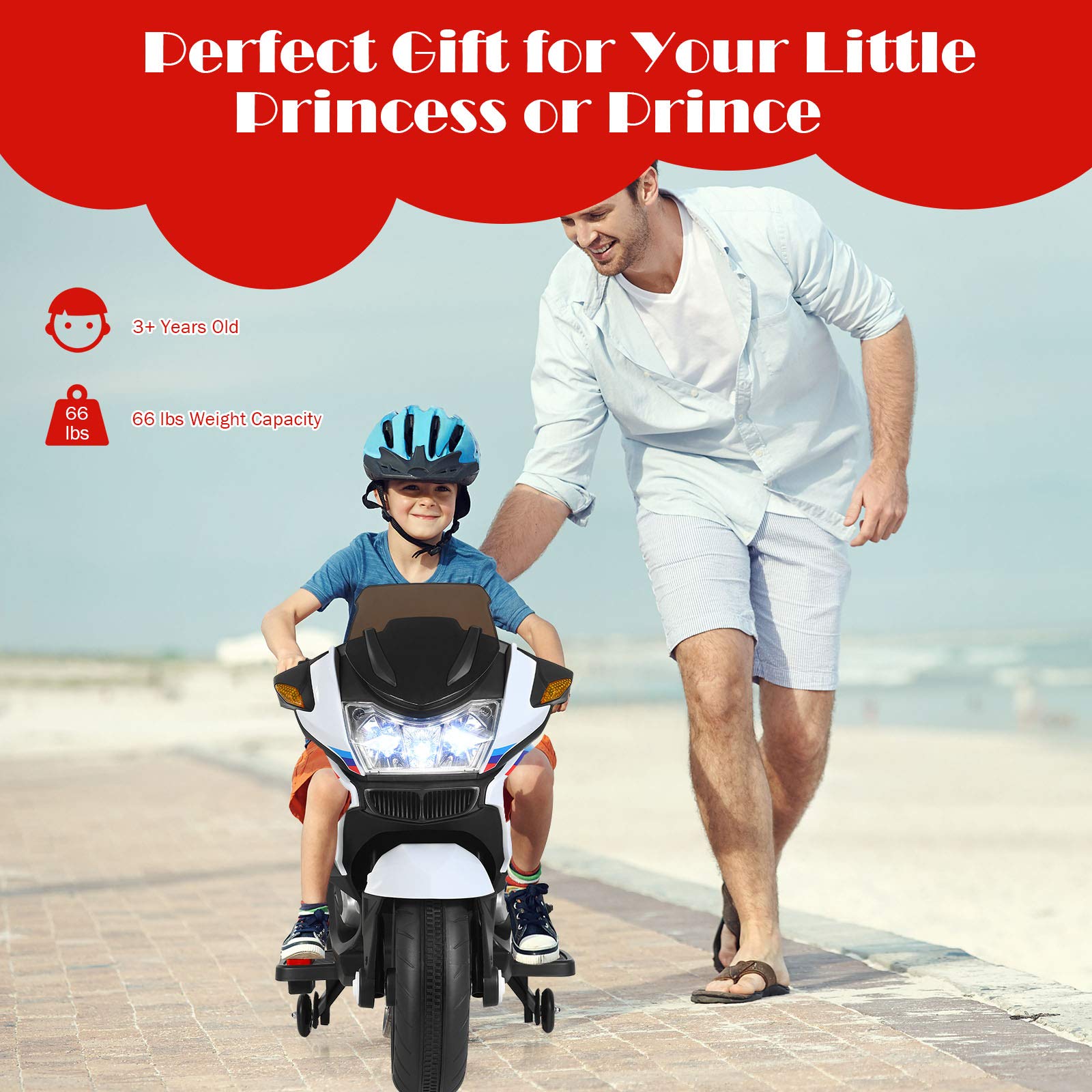 Costzon 12V Electric Kids Ride On Motorcycle with Training Wheels, LED Lights & Music - Battery Powered Toy Bike with Forward/Reverse & Pedal - Perfect Gift for Boys & Girls (White) - Great for Birthday Presents, Outdoor Play & Backyard Fun
