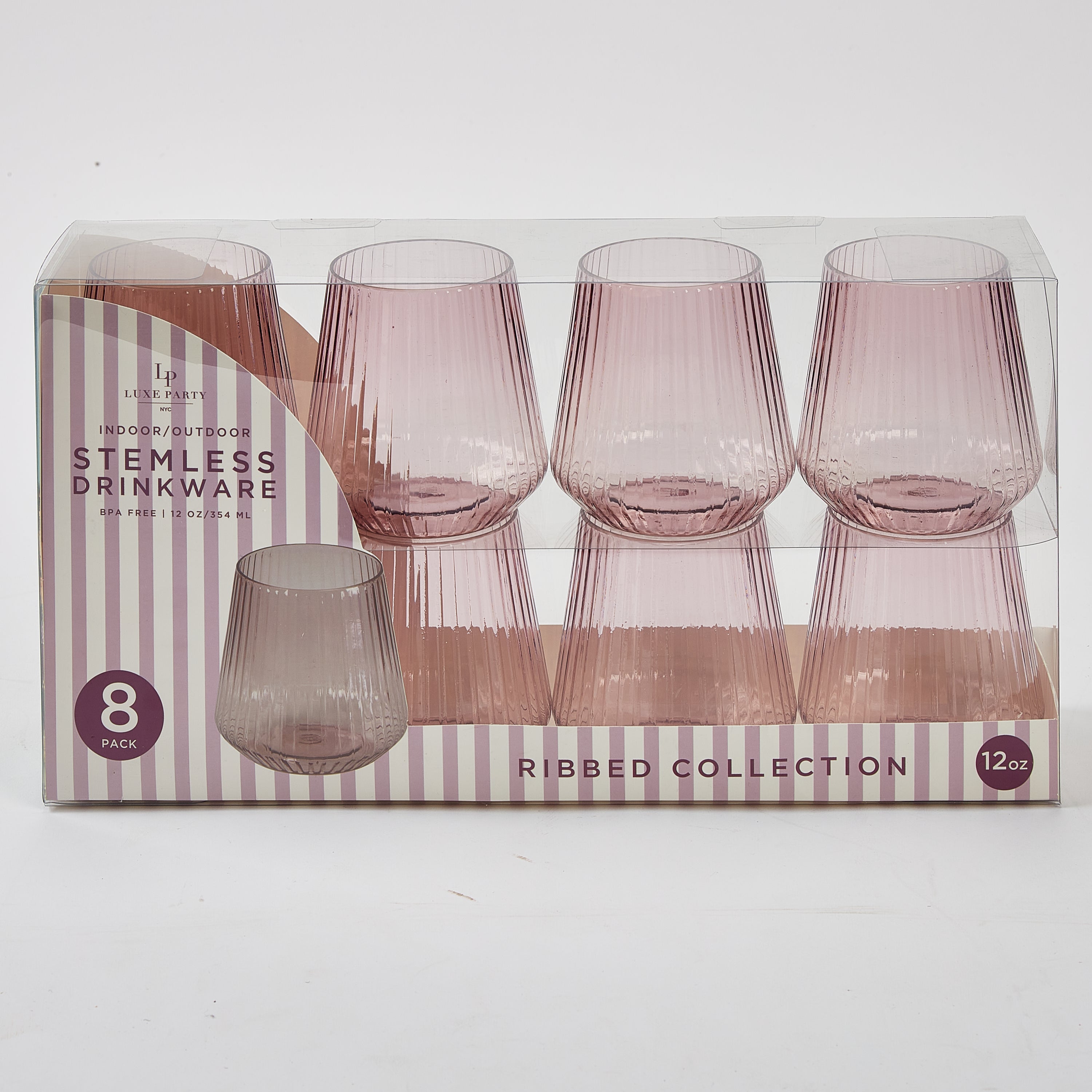 12 oz. Purple Plastic Stemless Ribbed Wine Goblets - 8 Pack Set for Outdoor Parties, Picnics, and Weddings