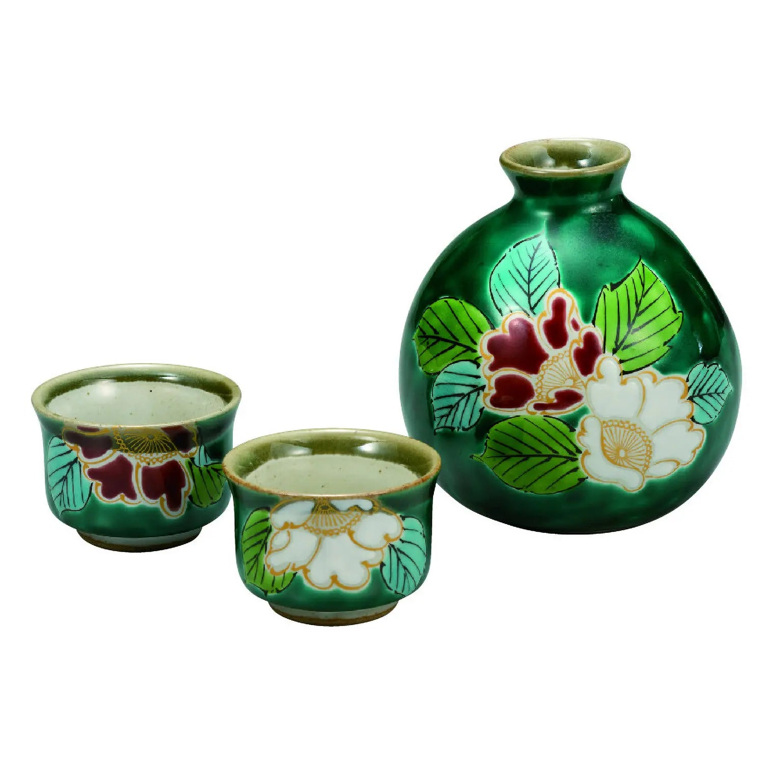 Kutani Ware Bizan Kiln Porcelain Sake Set with Sasanqua Camellia Design - Elegant Japanese Ceramic Sake Cups & Decanter for Traditional Tea Ceremony & Home Entertaining