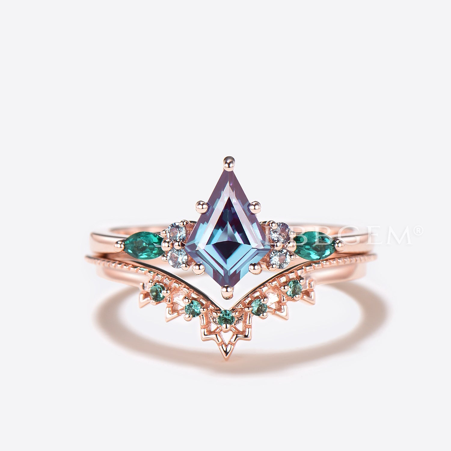 Alexandrite Color Changing Engagement Ring Set - Emerald Cut Kite Cluster Bridal Jewelry for Wedding & Proposal