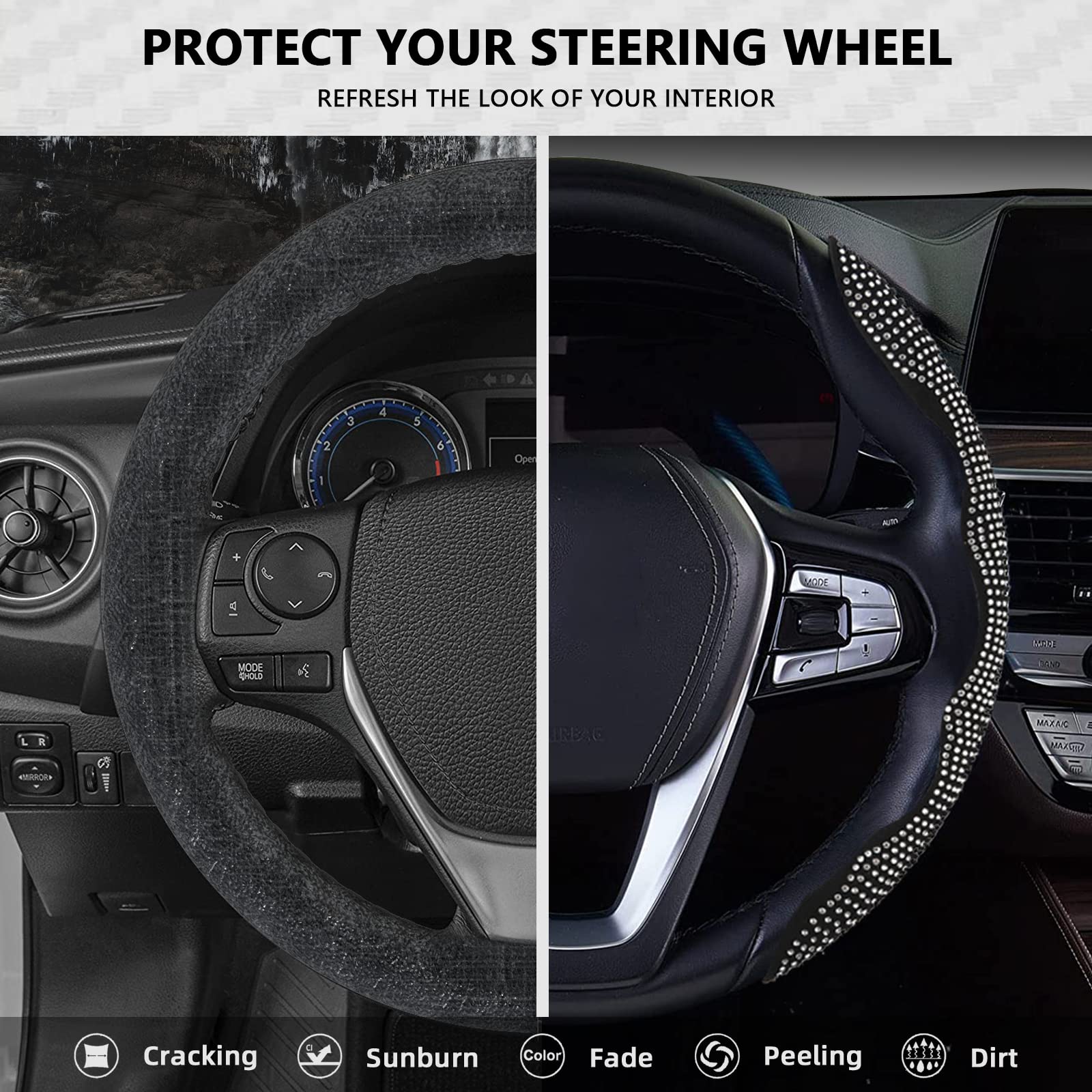 TOYOUN Diamond Steering Wheel Cover with Bling Crystal Rhinestones - 2PCS Non-Slip Universal Fit for Most Cars - Luxury Sparkling Car Accessories for Women (Black) | Perfect for Daily Commute & Gift Giving