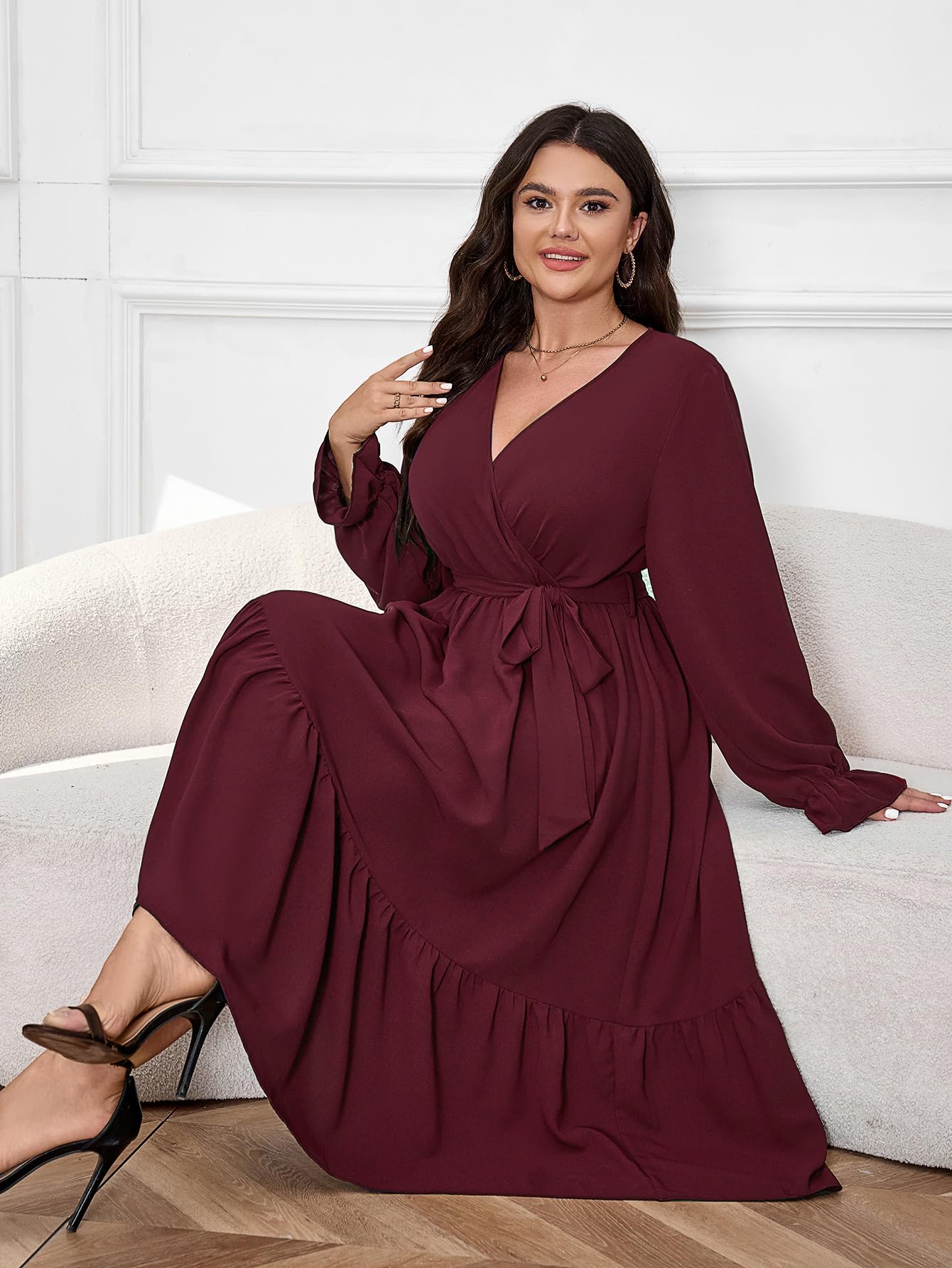 Elegant Plus Size Wedding Guest Dress - Long Sleeve Wrap V-Neck Belted A-Line Maxi Cocktail Dress with Ruffle Hem | Perfect for Weddings, Parties & Special Occasions