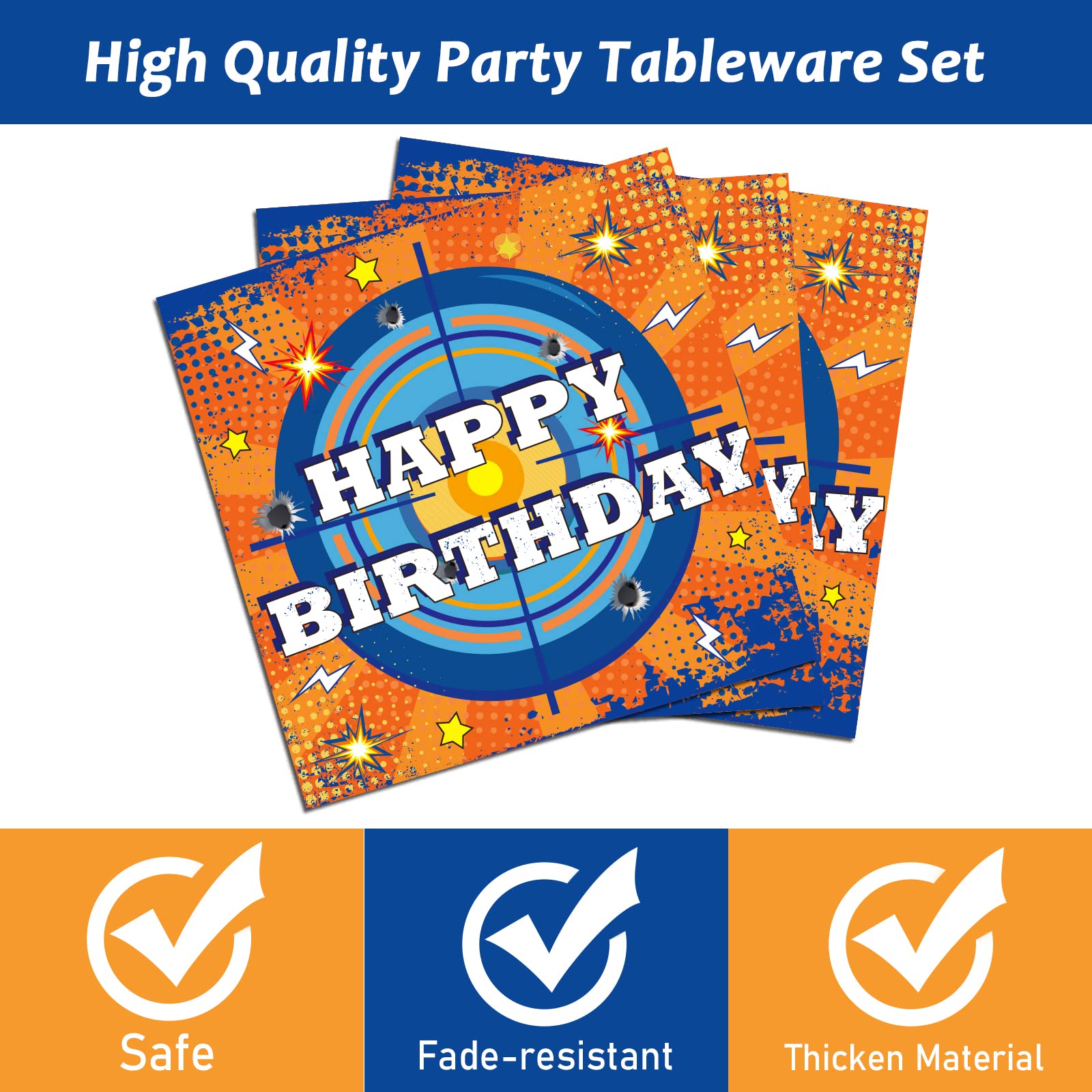 96 Pcs Dart War Party Supplies Set - Blue & Orange Themed Plates, Napkins for Kids Birthday, Baby Shower - Fun Tableware Decorations for Boys' Dart War Party (Serves 24) - Perfect for Birthday Celebrations, Game Nights & Themed Events