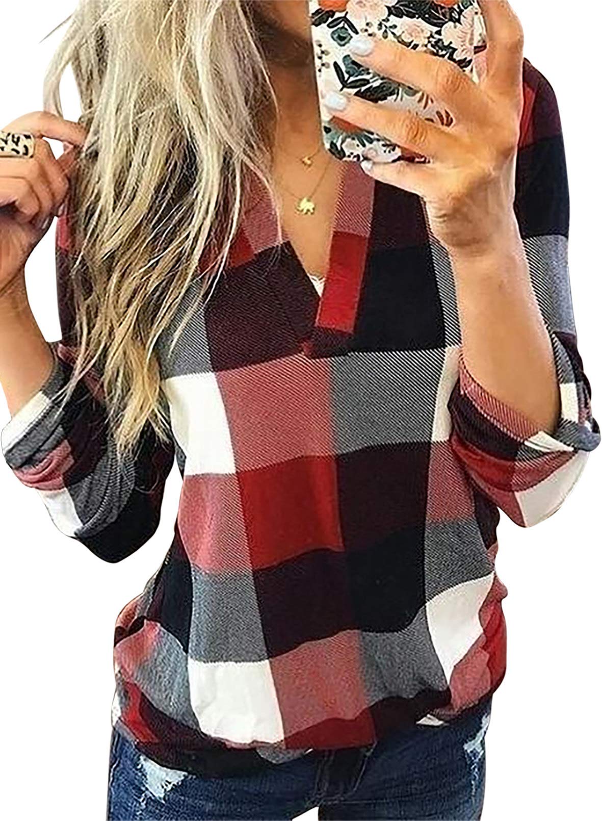 Dokotoo Women's Basic Casual V-Neck Plaid Print Long Sleeve Blouse - Comfortable Work Shirt with Cuffed Sleeves (Sizes S-3XL) | Perfect for Office, Business Casual & Everyday Wear
