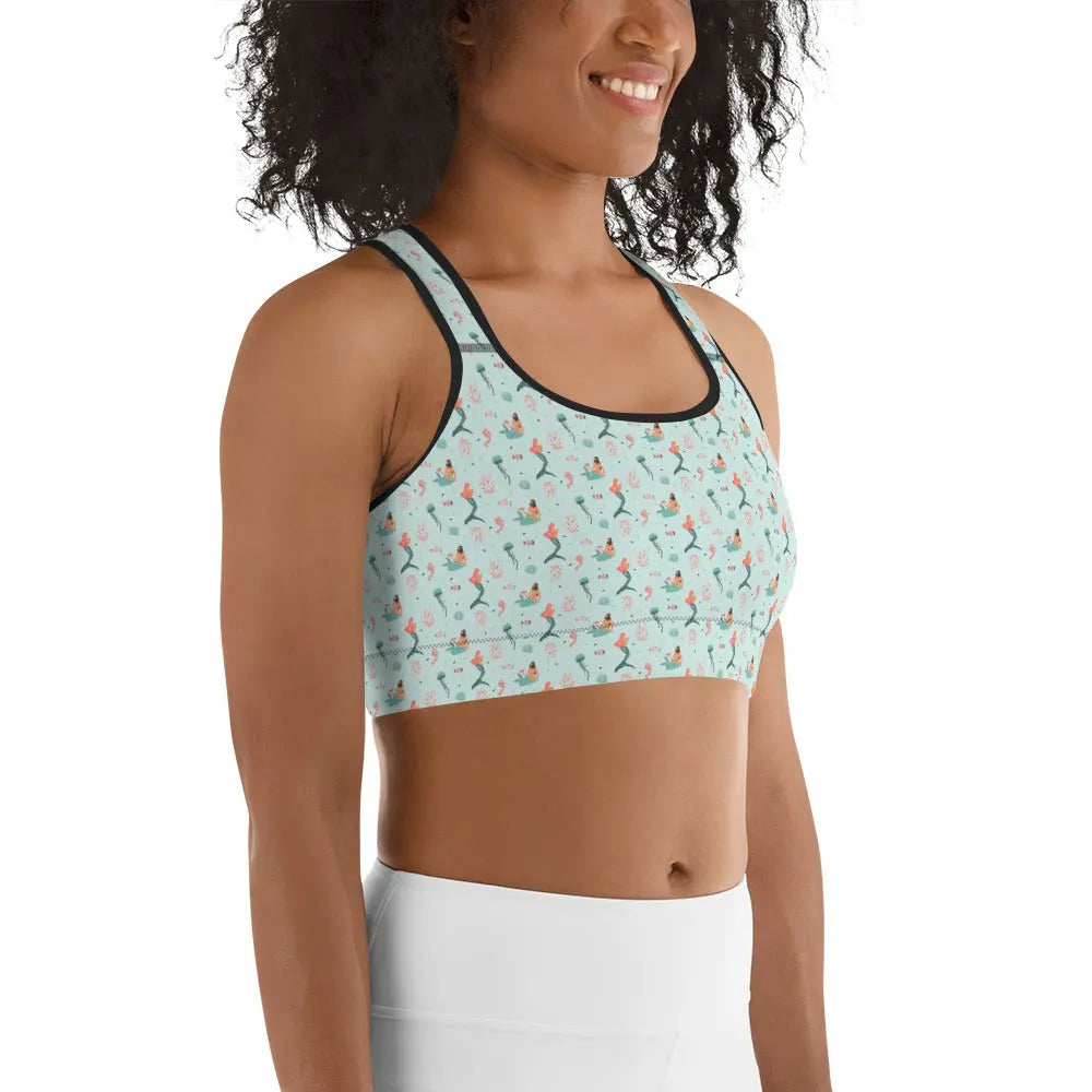 High Support Sports Bra for Women - Mermaid Sea Print Gym Workout Top - Perfect for Yoga, Running & Fitness Training