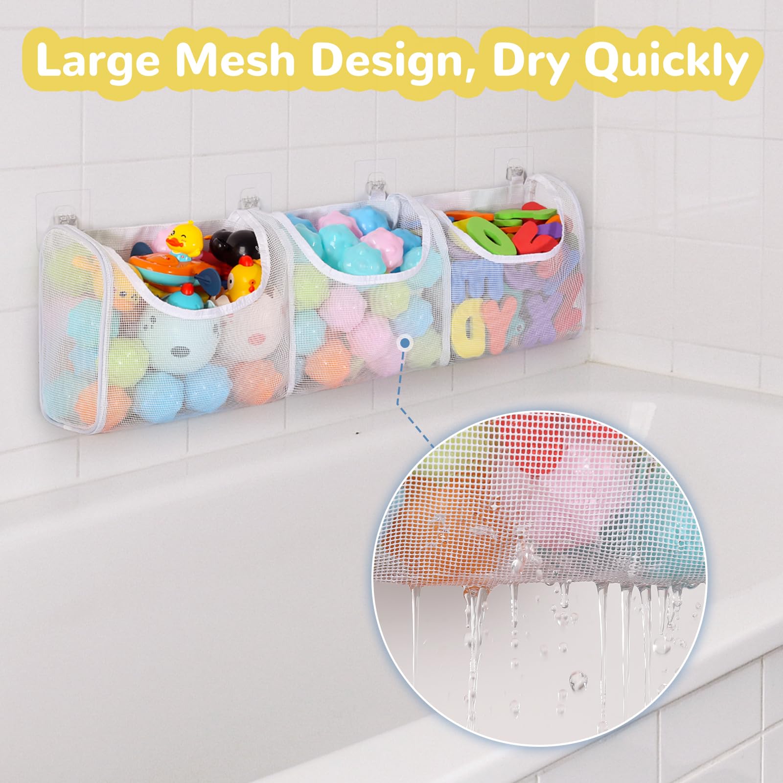Large Capacity 3-Compartment Bath Toy Organizer - Mesh Shower Caddy for Kids & Baby Bath Toys | Perfect for Bathtub Storage, Bathroom Organization & Playtime Cleanup