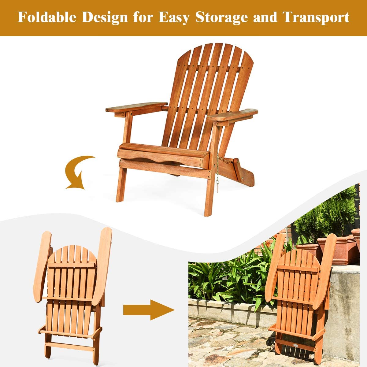 Giantex 3-Piece Foldable Adirondack Chair Set with Side Table - Wide Armrests, Sturdy Eucalyptus Wood Frame - Outdoor Patio, Poolside & Garden Lounge Furniture for Relaxing