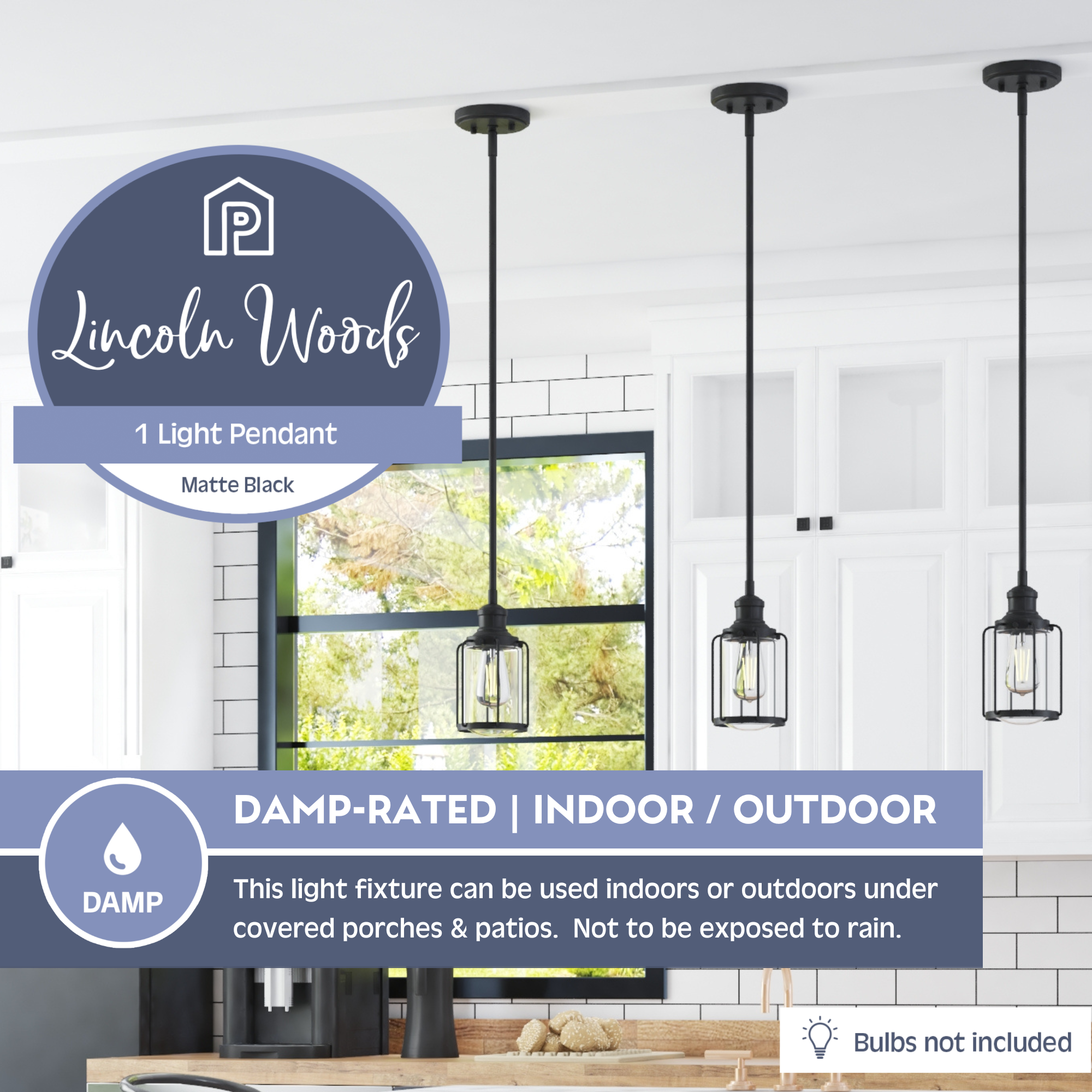 Lincoln Woods Matte Black Single Pendant Light - Modern Ceiling Lighting for Dining Room, Kitchen Island & Bedroom
