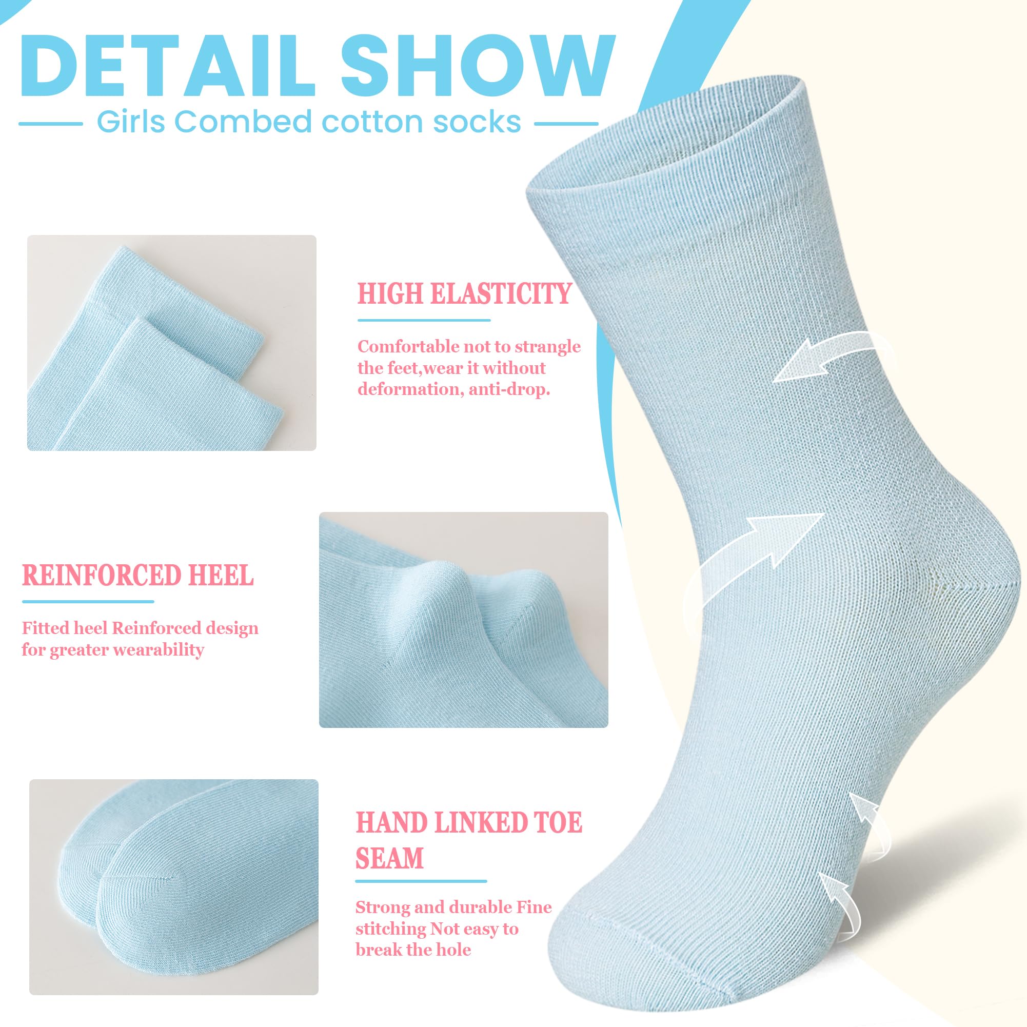 Eocom Girls Crew Socks - 6 Pairs Pack of Cute Cotton Dress Socks for Little Kids & Youth - Perfect for School, Parties, and Everyday Wear