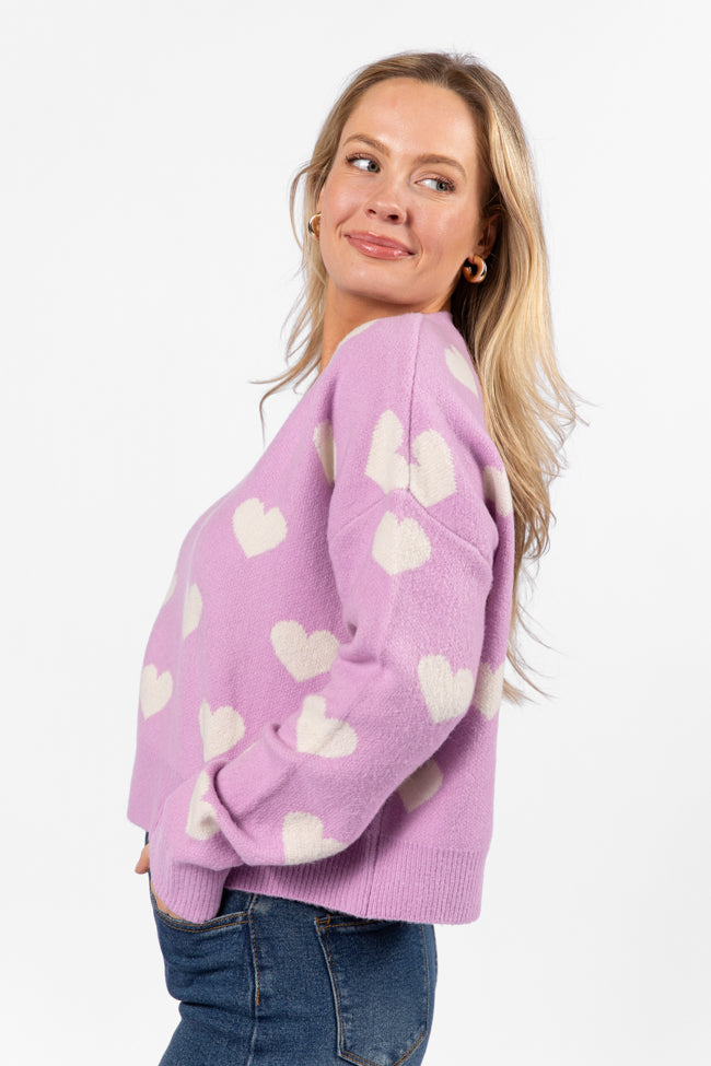 By The Book Lilac Hearts V Neck Sweater for Women - Cozy Knit Pullover Perfect for Date Night, Office Wear & Casual Outfits (Final Sale)