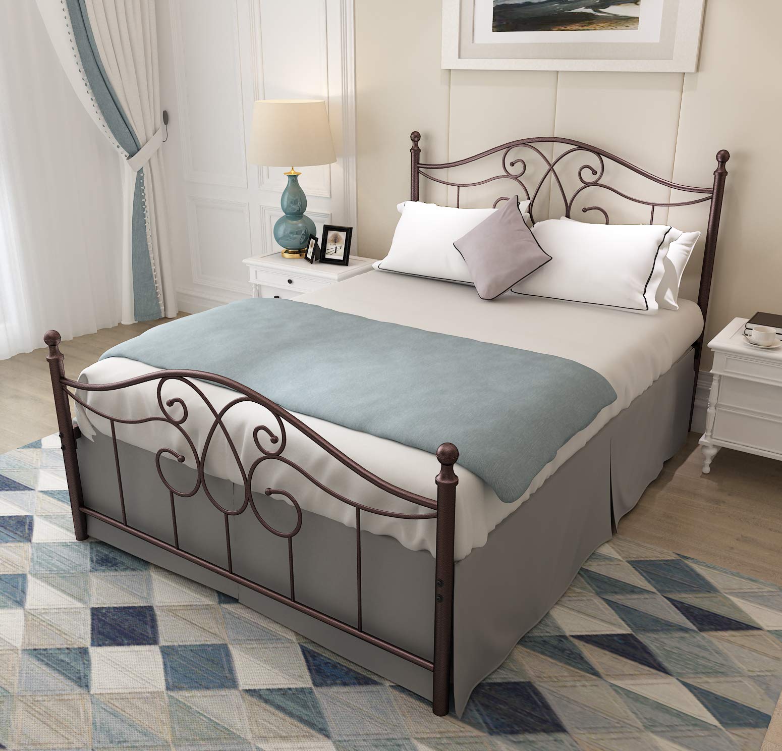 YALAXON Vintage Full Size Metal Bed Frame with Headboard & Footboard - Heavy Duty Steel Platform Bed, No Box Spring Needed (Full, Antique Brown) - Perfect for Guest Rooms, Dormitories & Vintage Style Bedrooms