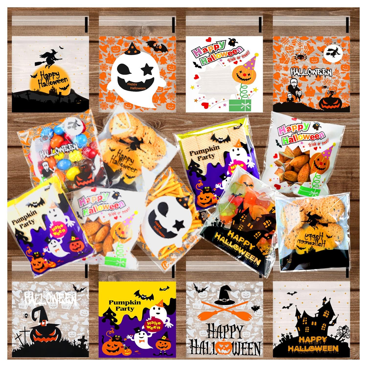 200-Piece Halloween Candy Bags with Self-Adhesive Closure - Bulk Halloween Treat Bags for Party Favors, Trick or Treat, Classroom Treats & Halloween Decorations - Perfect for Halloween Parties, School Events & Neighborhood Trick-or-Treating