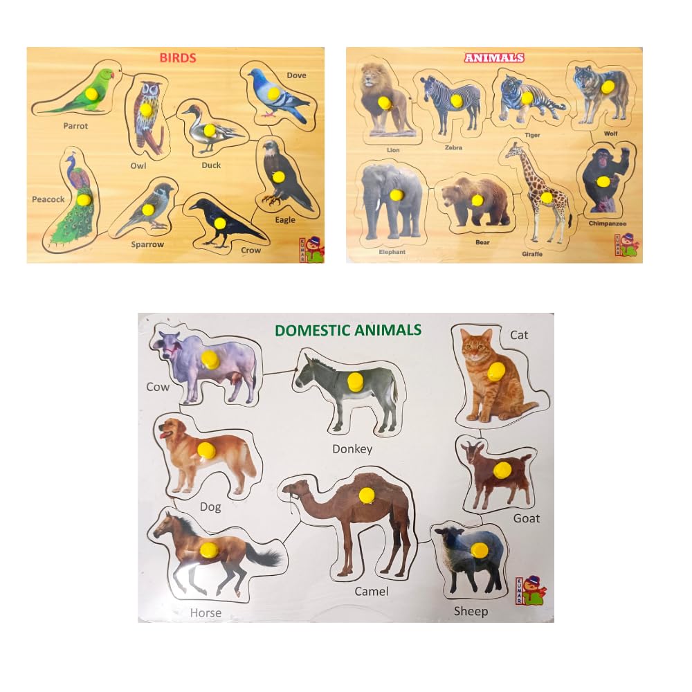 5-Piece Wooden Learning Puzzle Set for Kids & Adults - Wild Animals, Vegetables, Numbers 1-20, Domestic Animals, Birds - Educational Montessori Toys for Toddlers 3+ Years - Perfect for Homeschooling, Classroom & Family Game Night