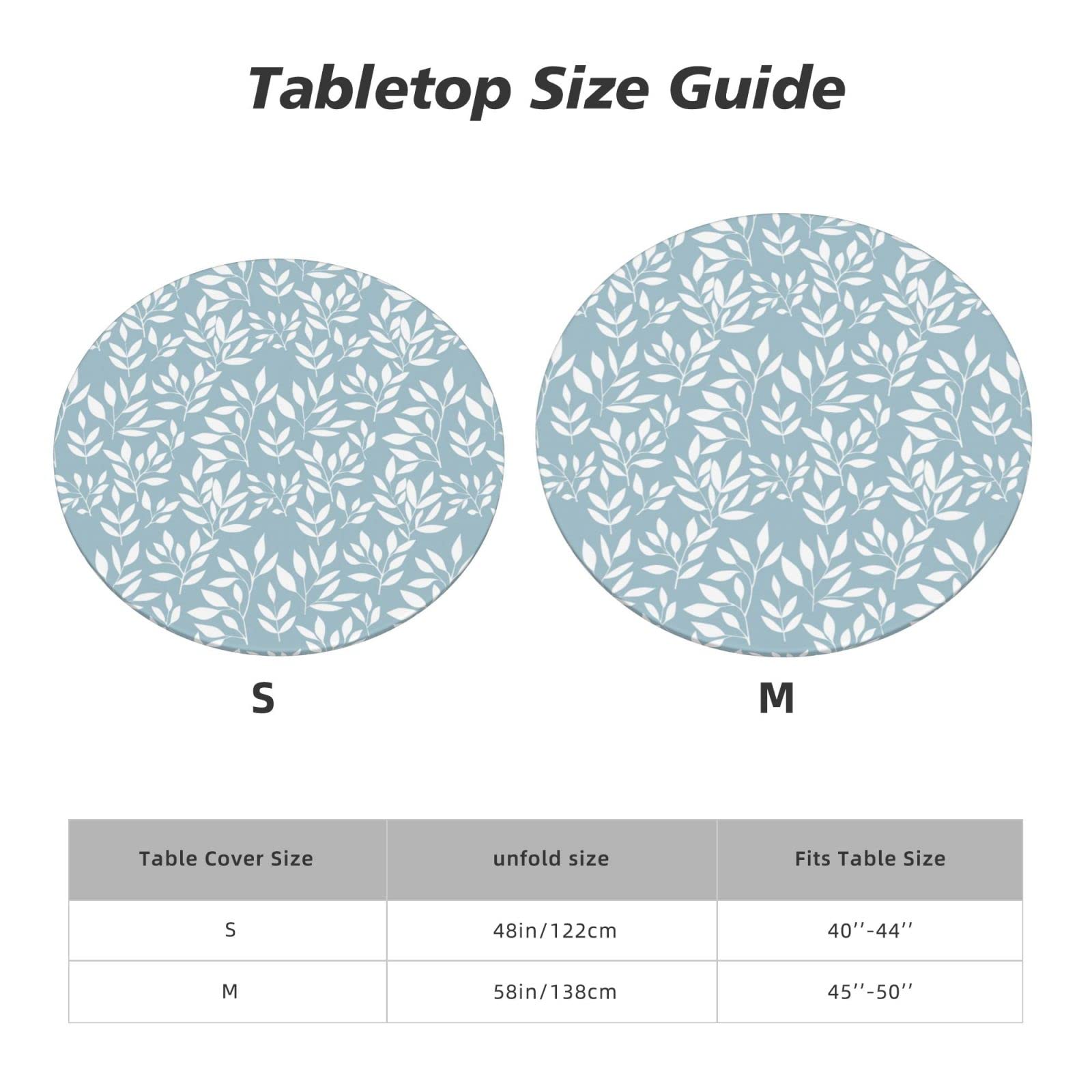 Waterproof Wipeable Elastic Edged Round Fitted Tablecloth - White Leaves Blue Design for 40